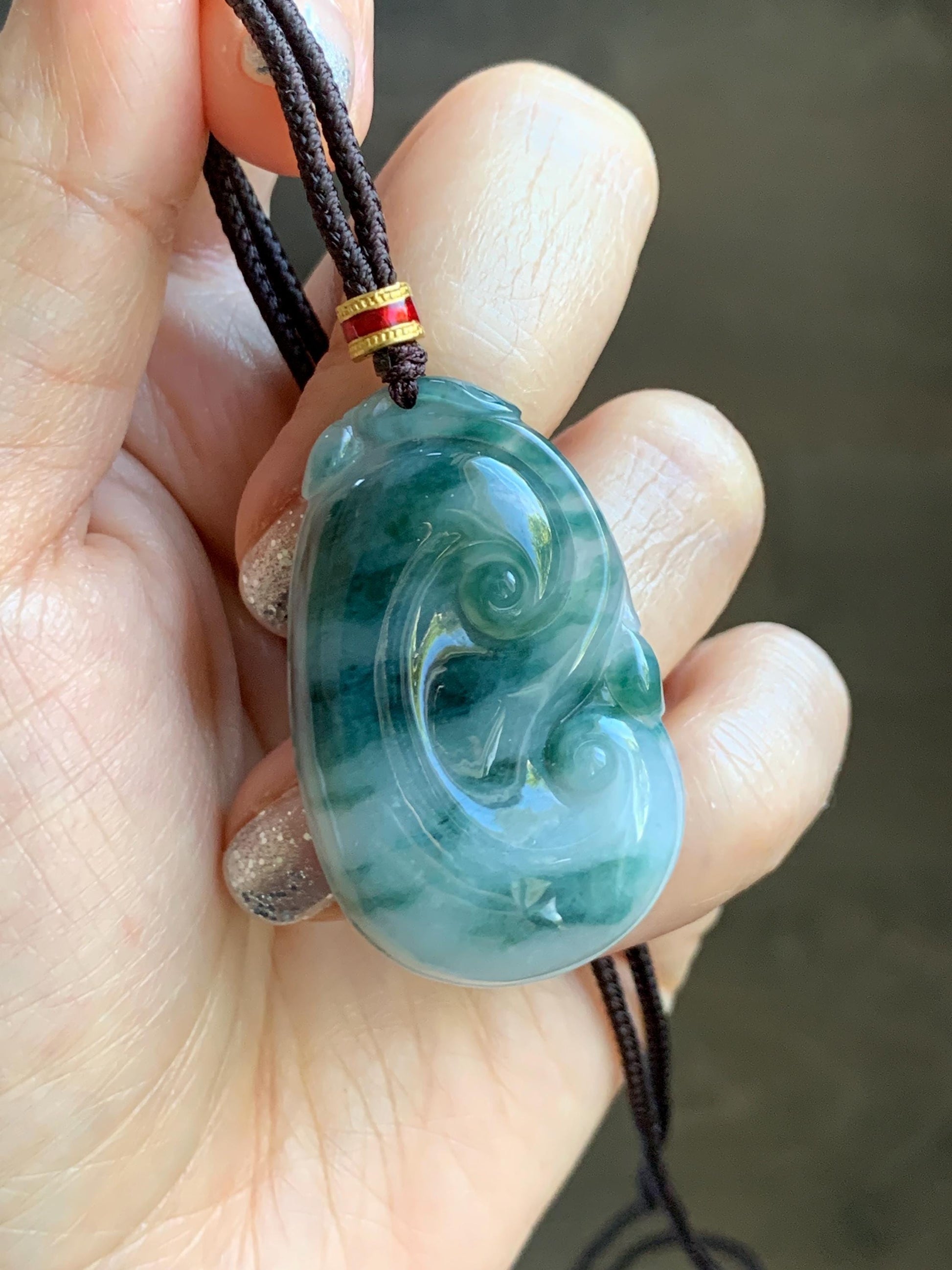 Certified Natural Grade A Icy Translucent Dark Teal Green Marbled Jade Jadeite Ruyi Pendant Rope Necklace 26” 11.7g 天然细糯飘花翡翠如意吊坠 480