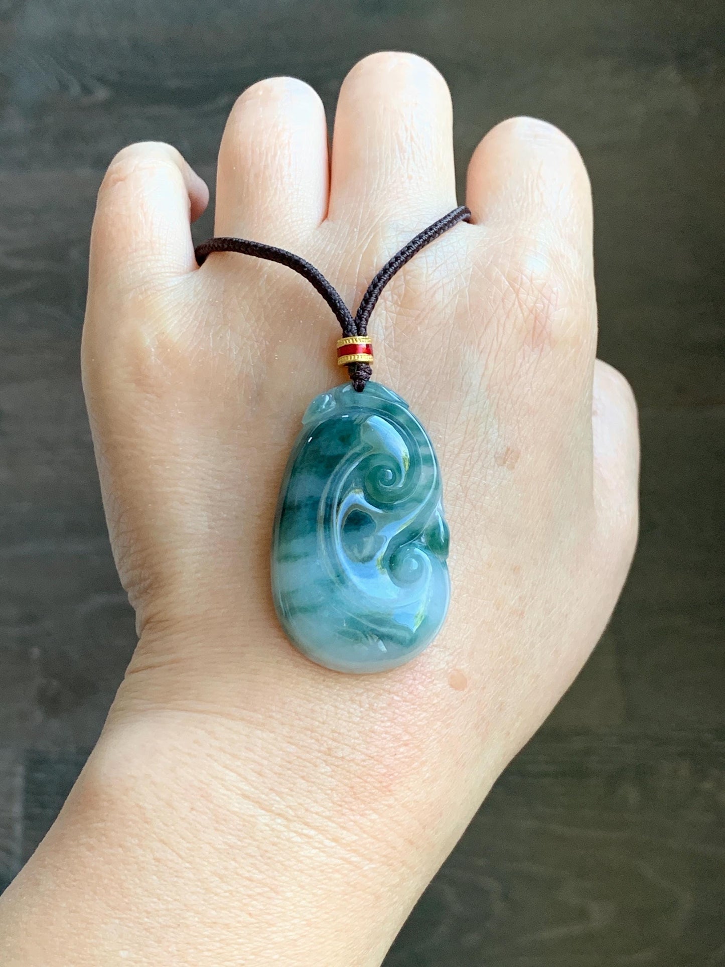 Certified Natural Grade A Icy Translucent Dark Teal Green Marbled Jade Jadeite Ruyi Pendant Rope Necklace 26” 11.7g 天然细糯飘花翡翠如意吊坠 480
