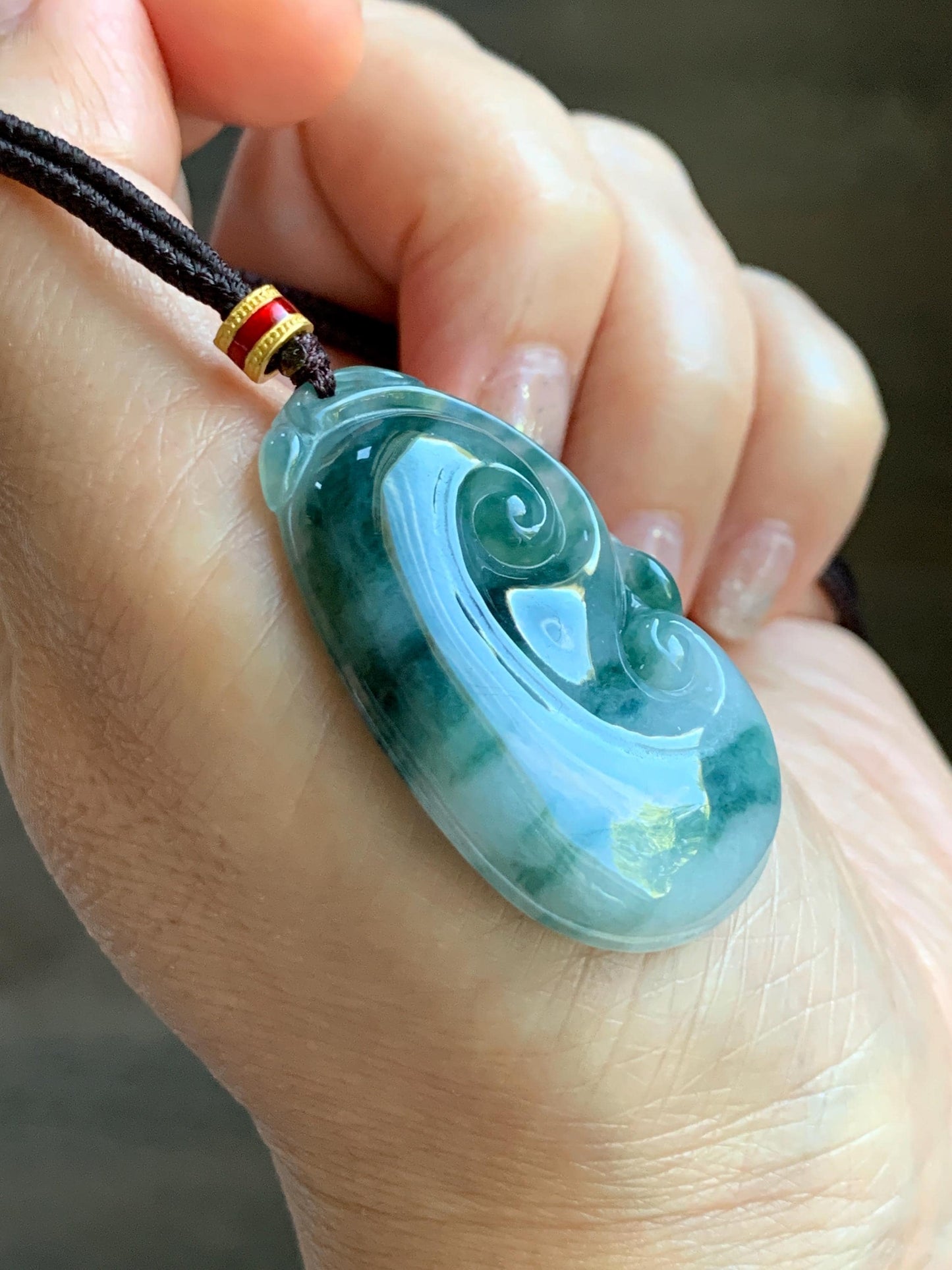 Certified Natural Grade A Icy Translucent Dark Teal Green Marbled Jade Jadeite Ruyi Pendant Rope Necklace 26” 11.7g 天然细糯飘花翡翠如意吊坠 480