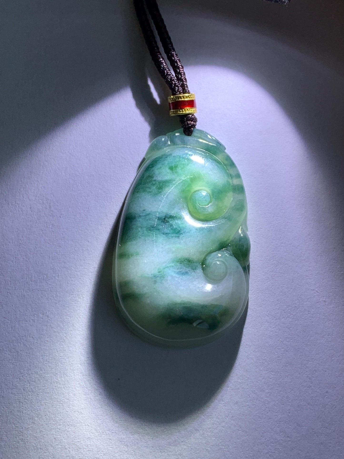 Certified Natural Grade A Icy Translucent Dark Teal Green Marbled Jade Jadeite Ruyi Pendant Rope Necklace 26” 11.7g 天然细糯飘花翡翠如意吊坠 480
