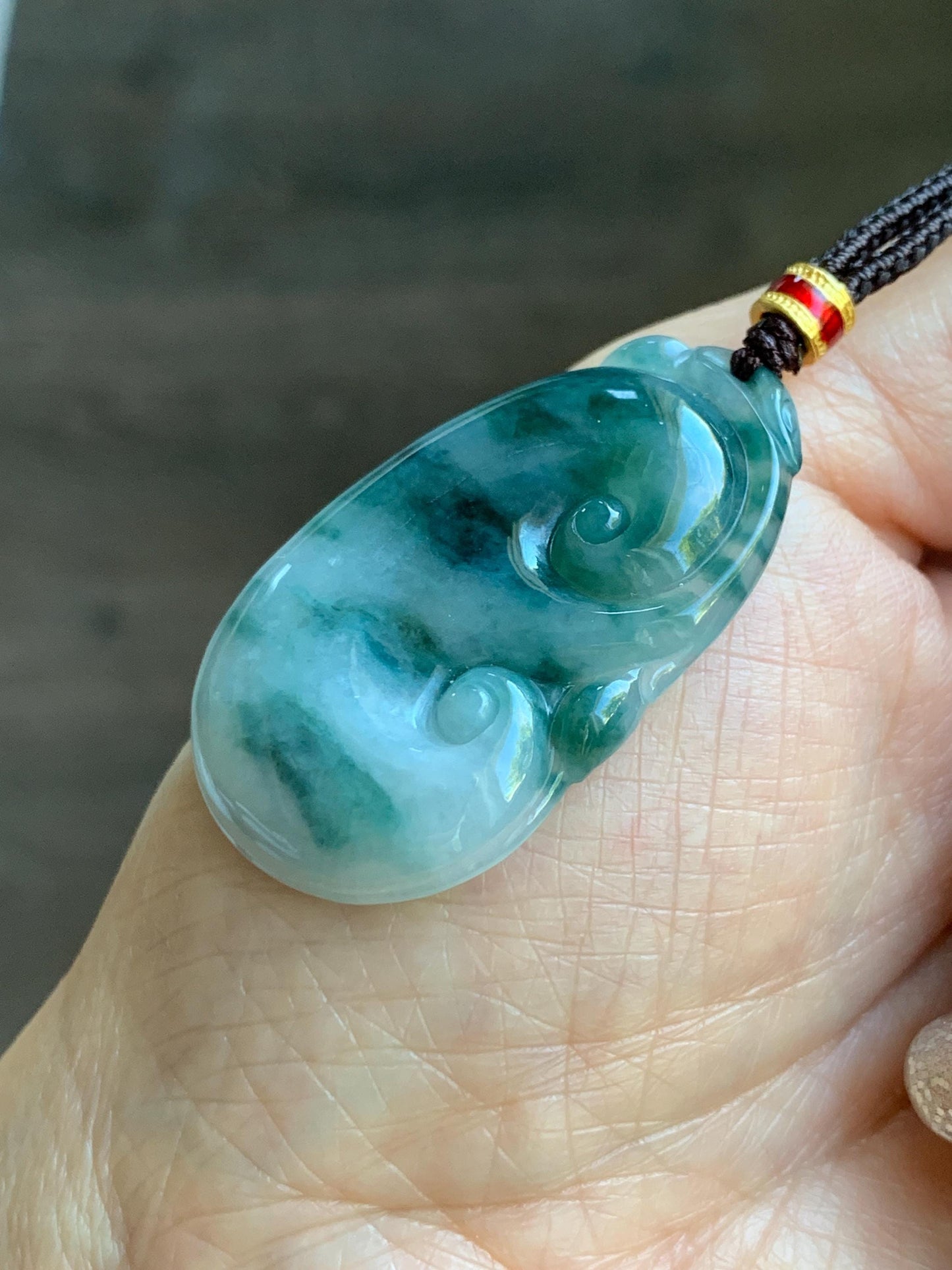 Certified Natural Grade A Icy Translucent Dark Teal Green Marbled Jade Jadeite Ruyi Pendant Rope Necklace 26” 11.7g 天然细糯飘花翡翠如意吊坠 480