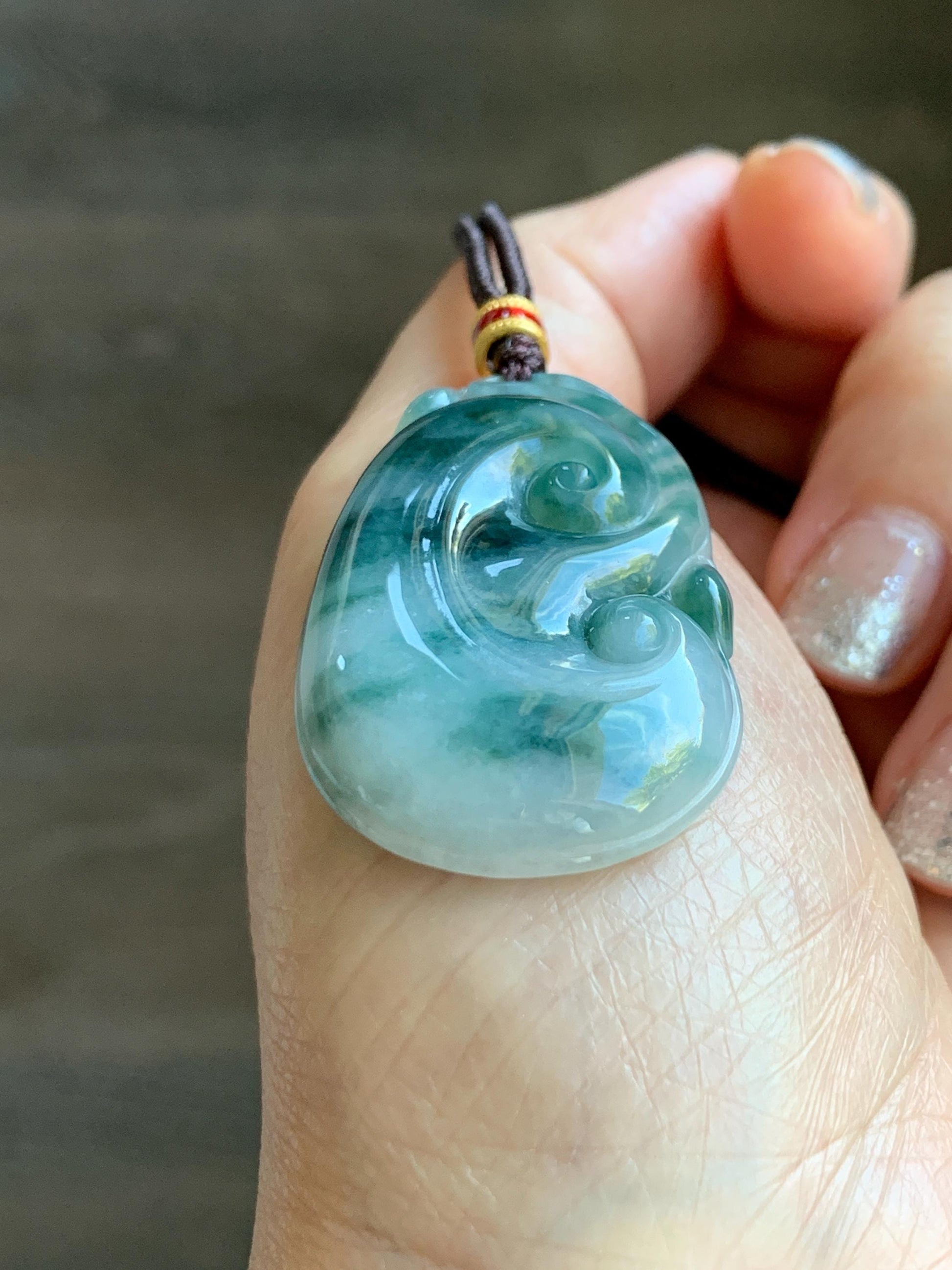 Certified Natural Grade A Icy Translucent Dark Teal Green Marbled Jade Jadeite Ruyi Pendant Rope Necklace 26” 11.7g 天然细糯飘花翡翠如意吊坠 480