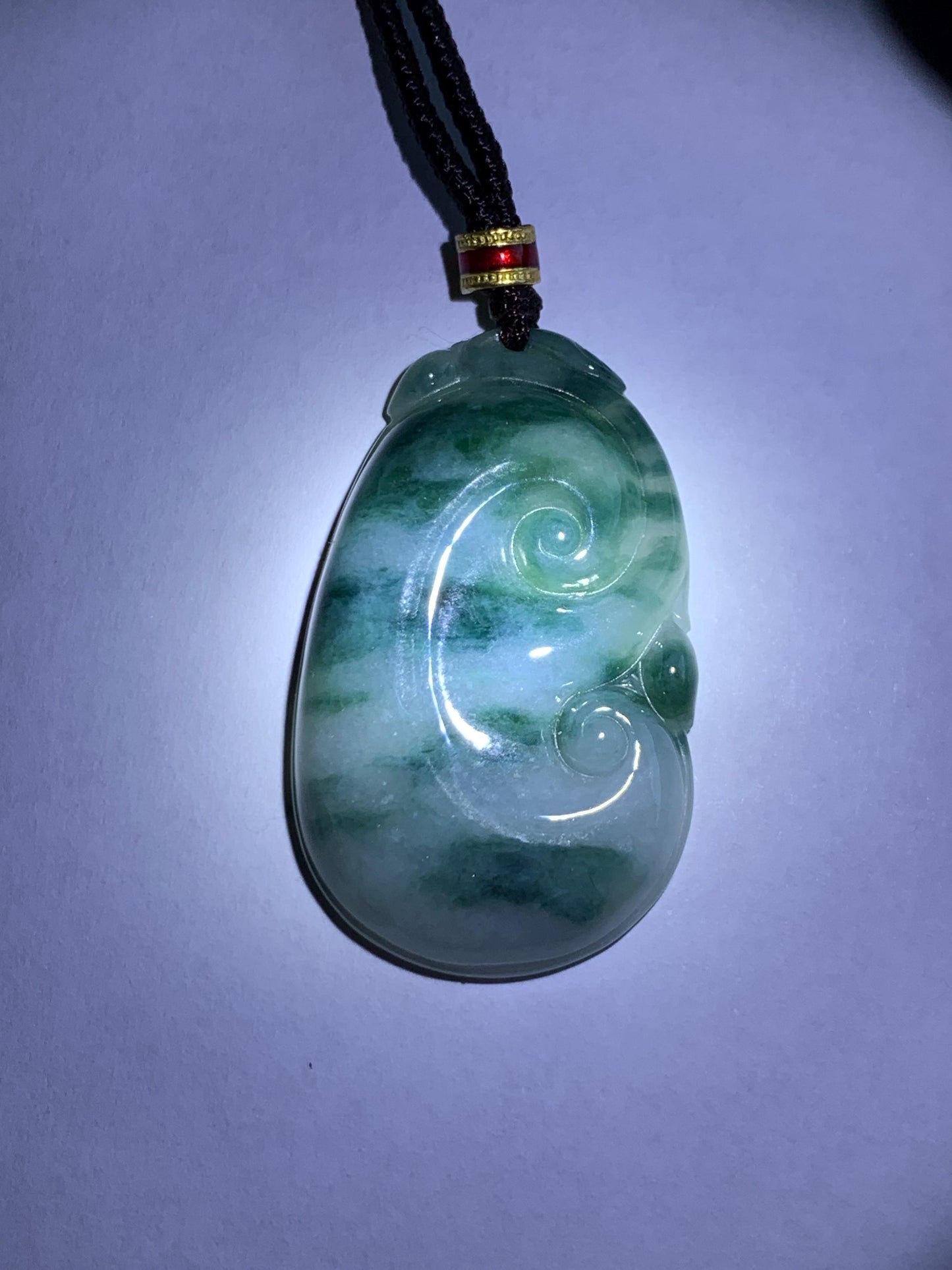 Certified Natural Grade A Icy Translucent Dark Teal Green Marbled Jade Jadeite Ruyi Pendant Rope Necklace 26” 11.7g 天然细糯飘花翡翠如意吊坠 480
