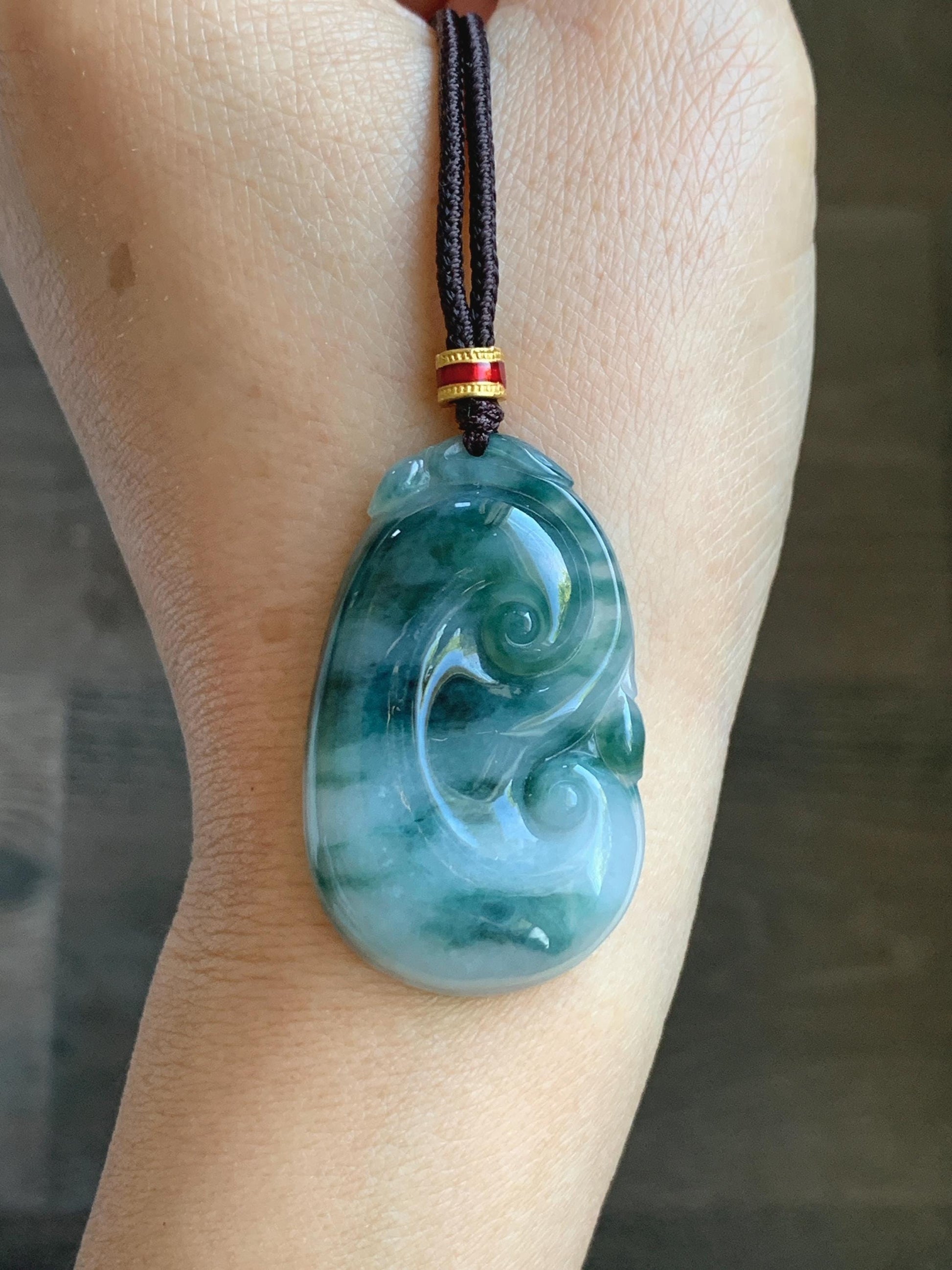 Certified Natural Grade A Icy Translucent Dark Teal Green Marbled Jade Jadeite Ruyi Pendant Rope Necklace 26” 11.7g 天然细糯飘花翡翠如意吊坠 480
