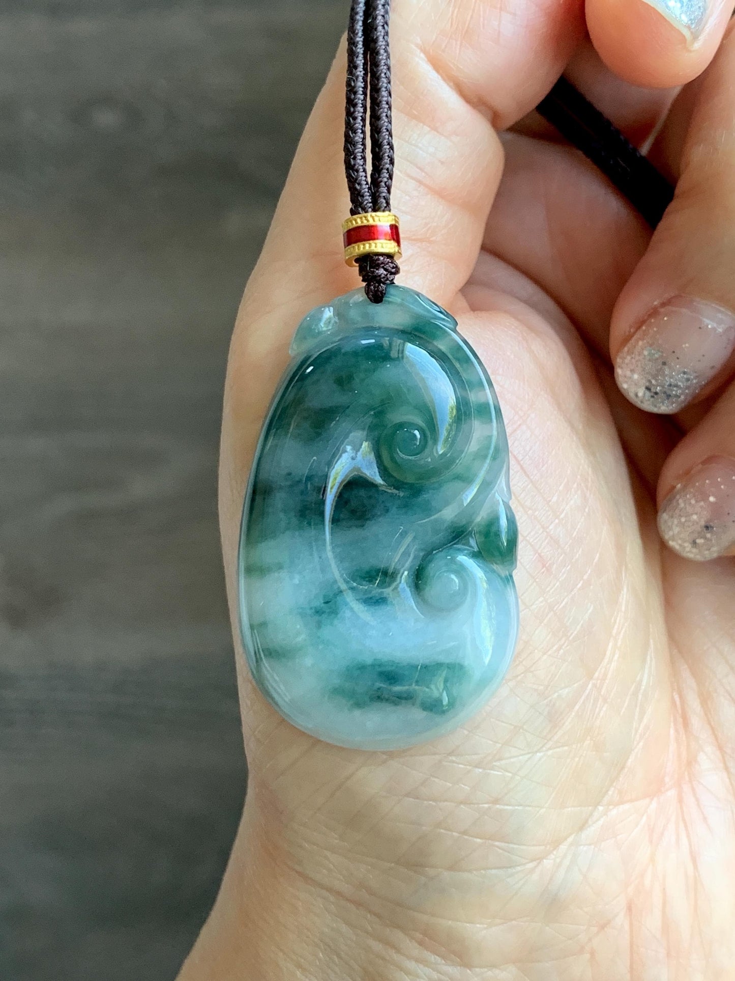 Certified Natural Grade A Icy Translucent Dark Teal Green Marbled Jade Jadeite Ruyi Pendant Rope Necklace 26” 11.7g 天然细糯飘花翡翠如意吊坠 480