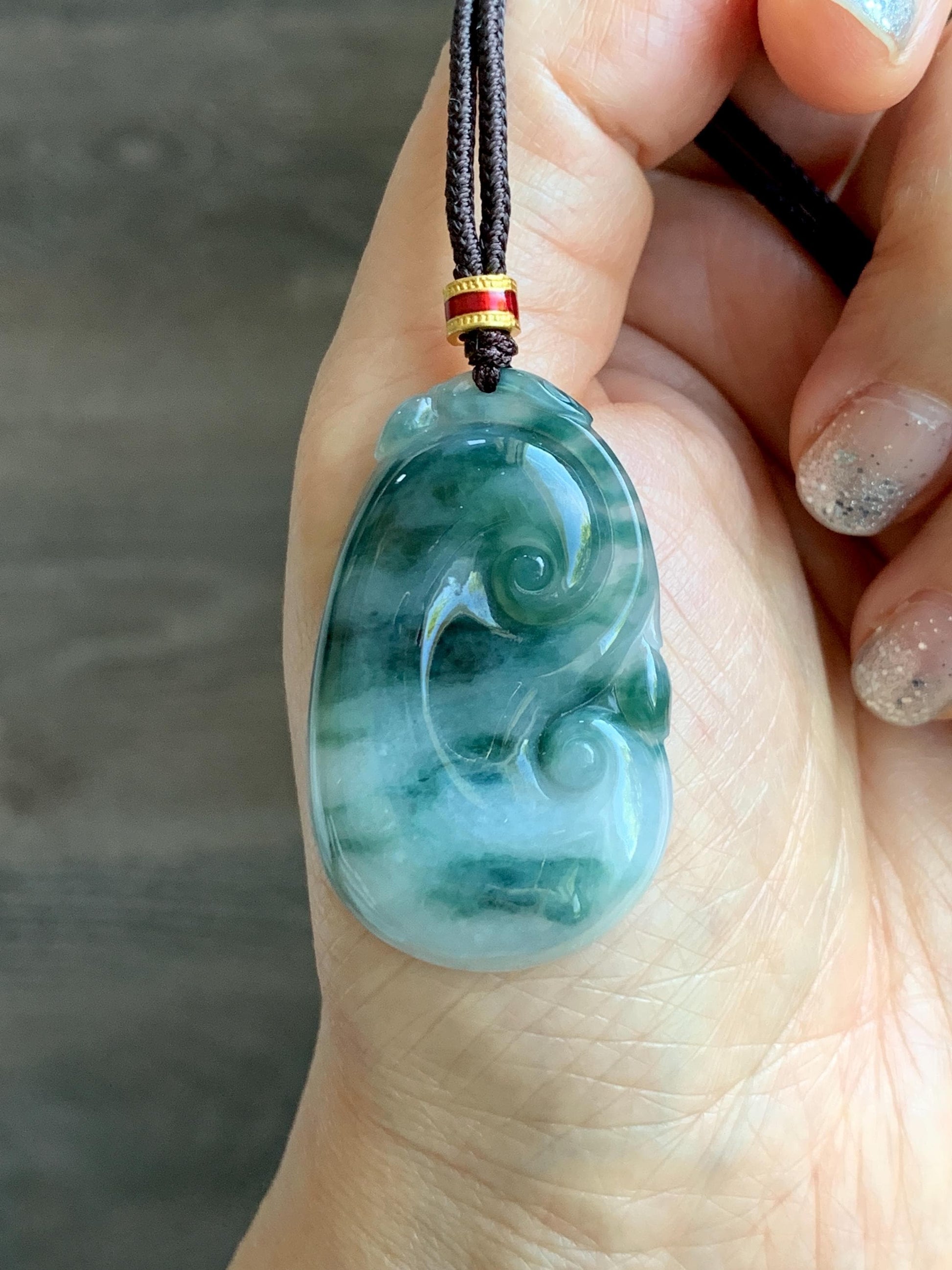Certified Natural Grade A Icy Translucent Dark Teal Green Marbled Jade Jadeite Ruyi Pendant Rope Necklace 26” 11.7g 天然细糯飘花翡翠如意吊坠 480