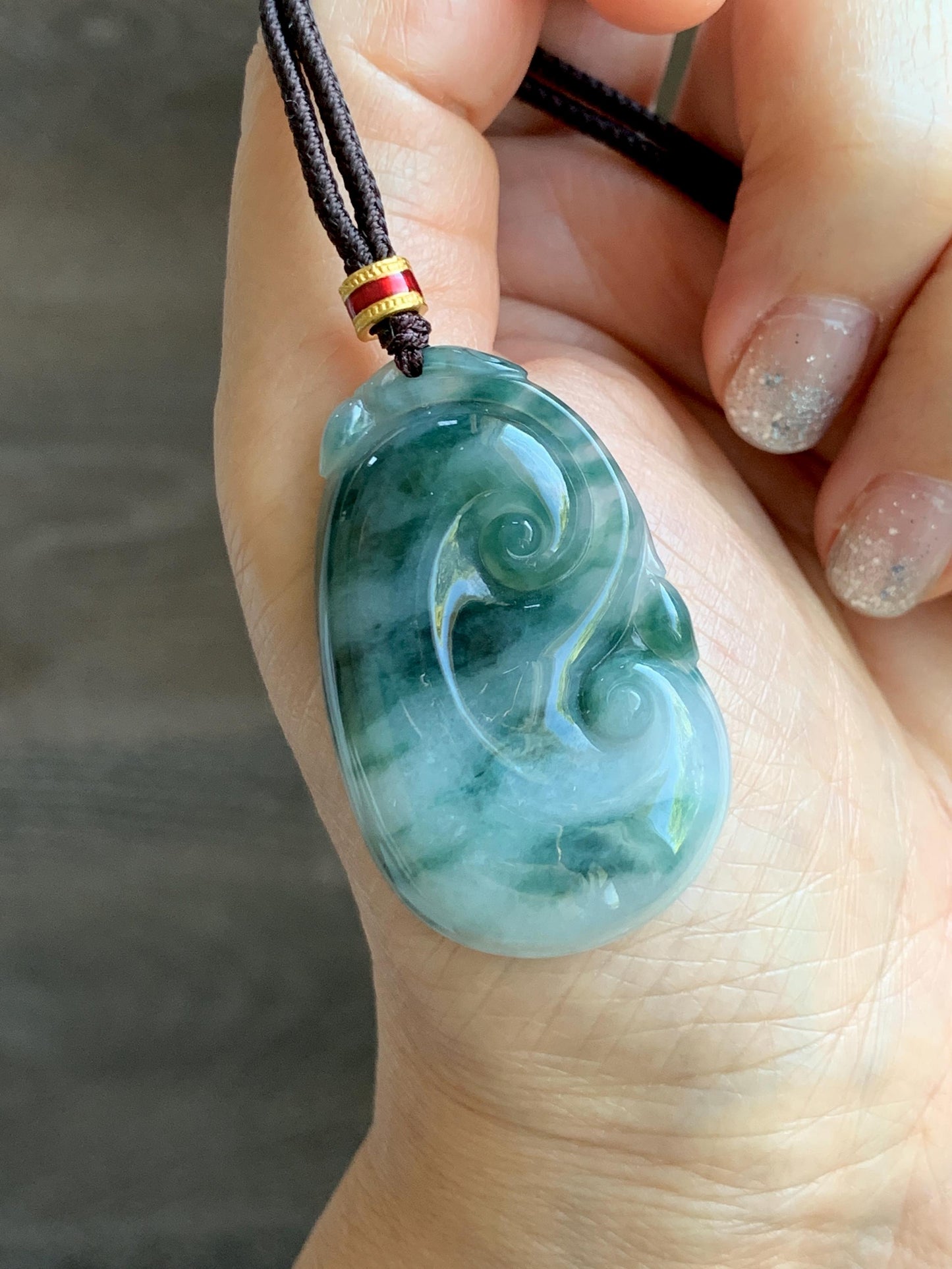 Certified Natural Grade A Icy Translucent Dark Teal Green Marbled Jade Jadeite Ruyi Pendant Rope Necklace 26” 11.7g 天然细糯飘花翡翠如意吊坠 480