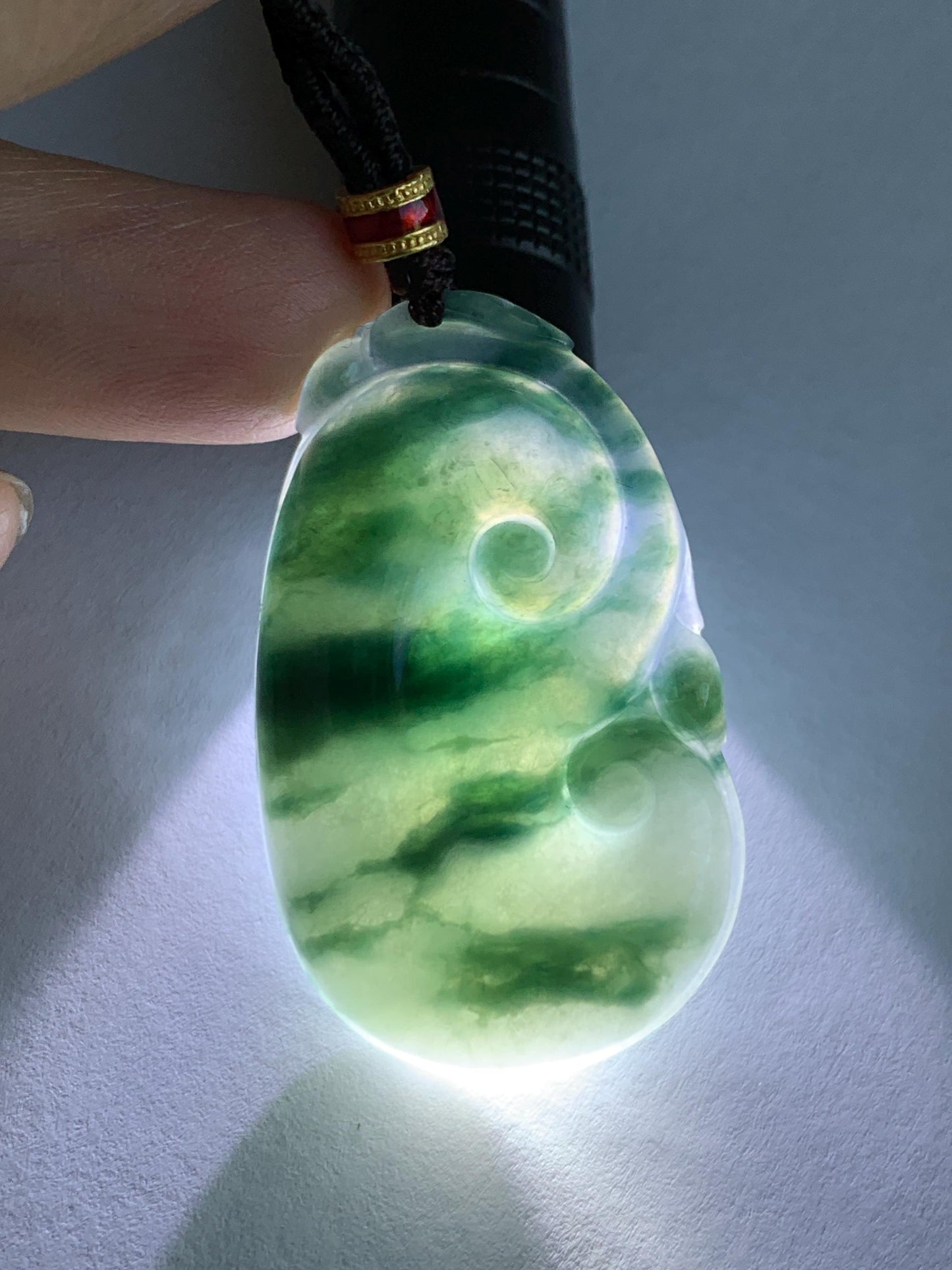 Certified Natural Grade A Icy Translucent Dark Teal Green Marbled Jade Jadeite Ruyi Pendant Rope Necklace 26” 11.7g 天然细糯飘花翡翠如意吊坠 480