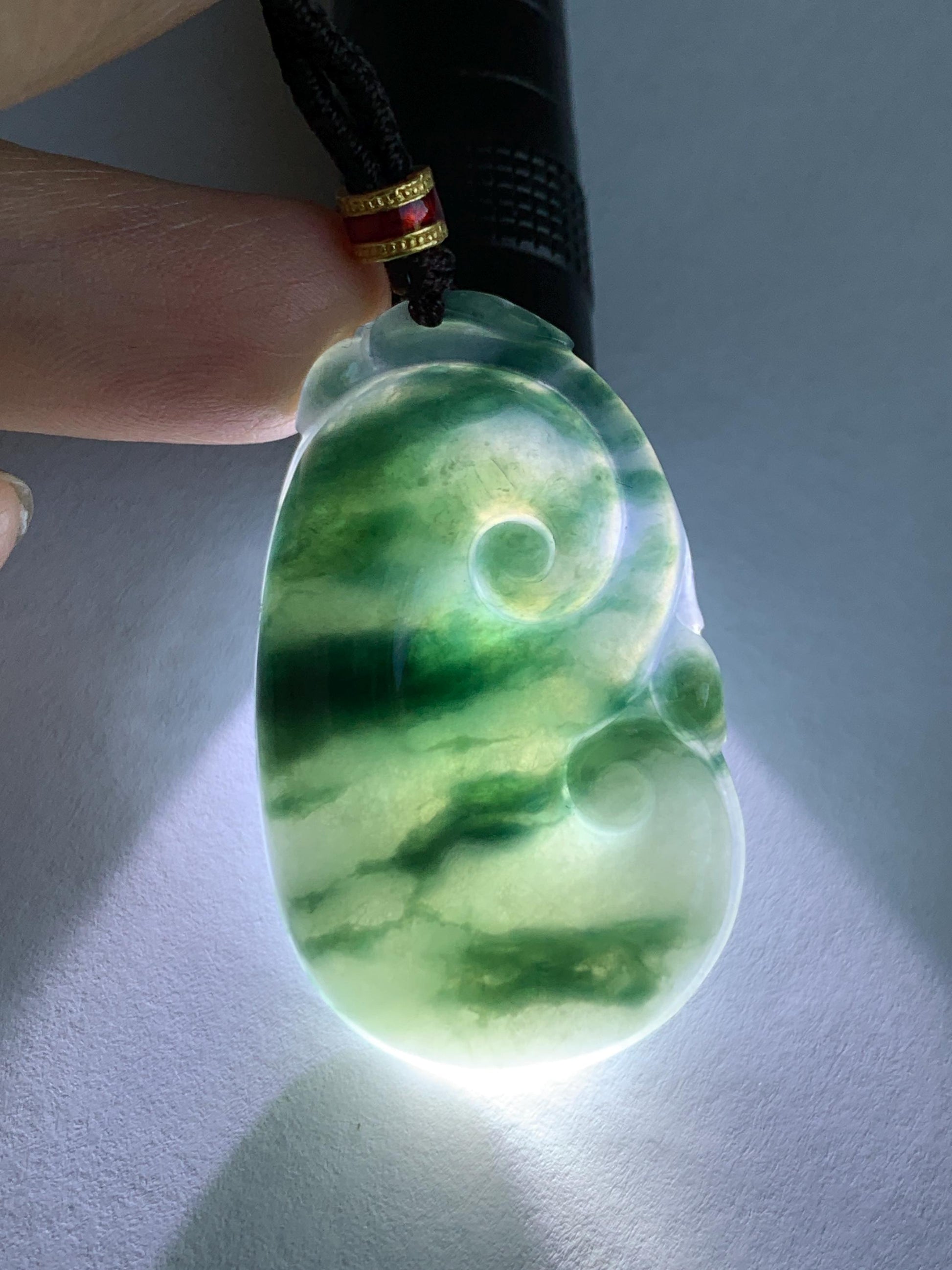 Certified Natural Grade A Icy Translucent Dark Teal Green Marbled Jade Jadeite Ruyi Pendant Rope Necklace 26” 11.7g 天然细糯飘花翡翠如意吊坠 480