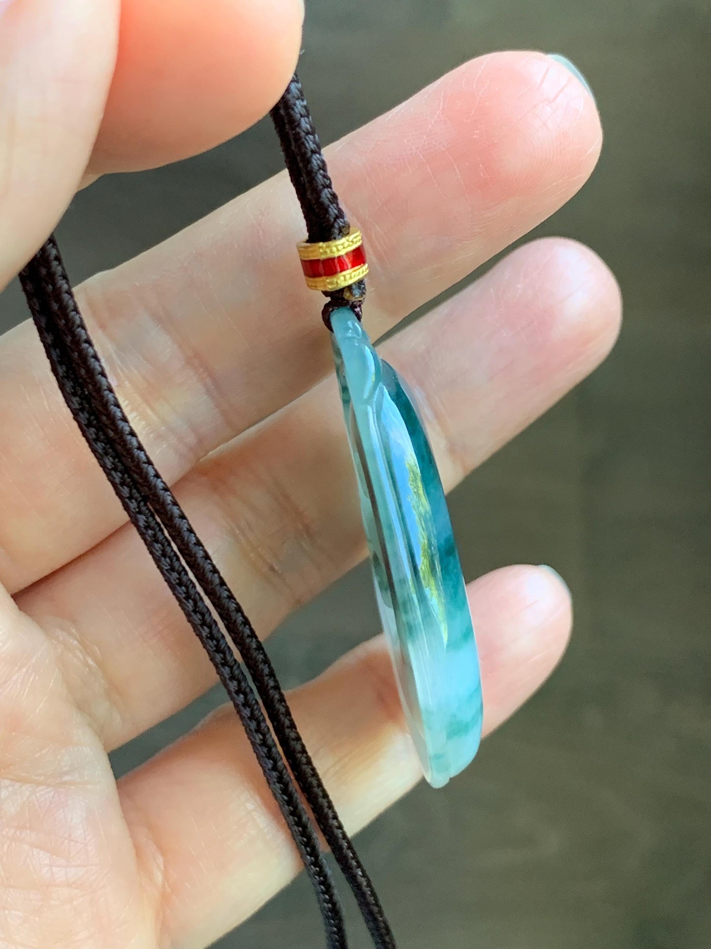 Certified Natural Grade A Icy Translucent Dark Teal Green Marbled Jade Jadeite Ruyi Pendant Rope Necklace 26” 11.7g 天然细糯飘花翡翠如意吊坠 480