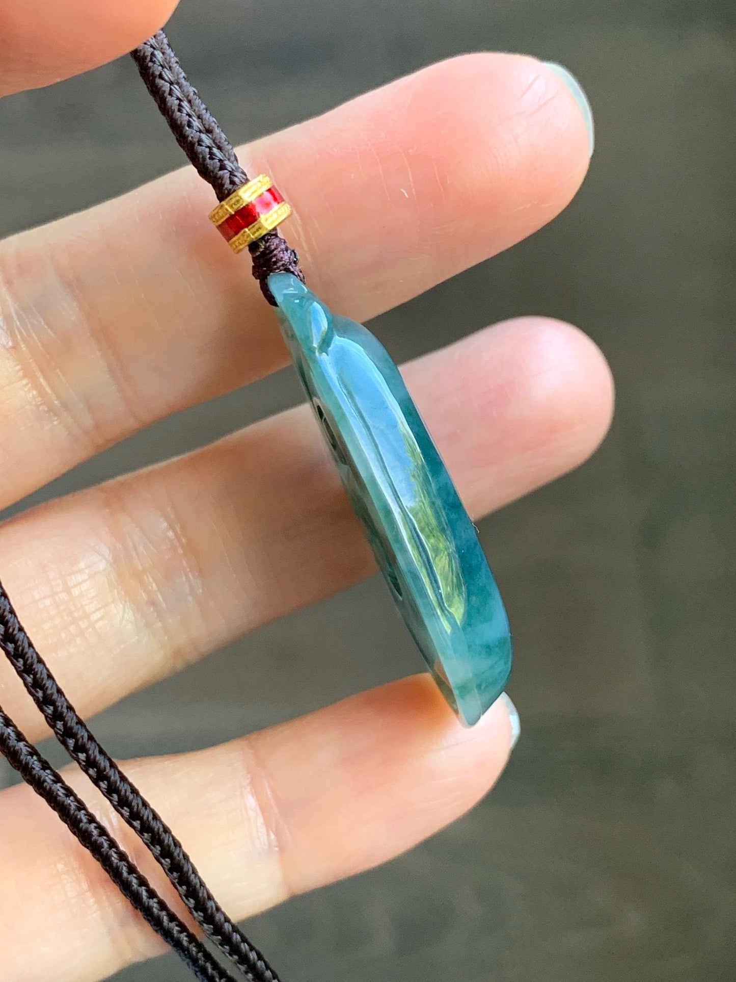 Certified Natural Grade A Icy Translucent Dark Teal Green Marbled Jade Jadeite Ruyi Pendant Rope Necklace 26” 9.8g 天然细糯飘花翡翠如意吊坠 479