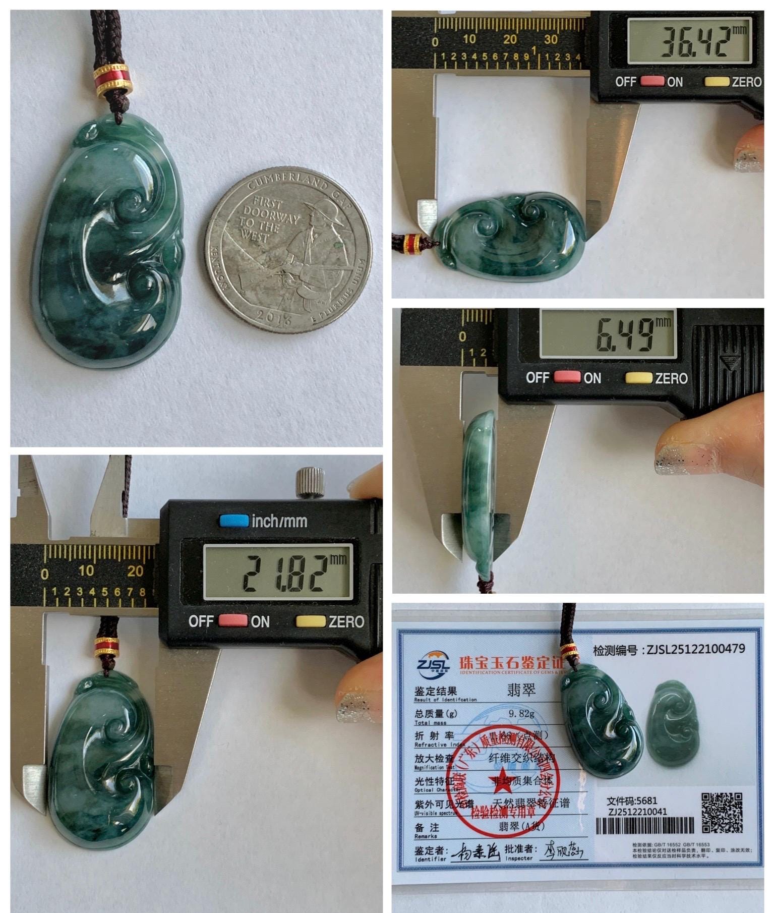 Certified Natural Grade A Icy Translucent Dark Teal Green Marbled Jade Jadeite Ruyi Pendant Rope Necklace 26” 9.8g 天然细糯飘花翡翠如意吊坠 479