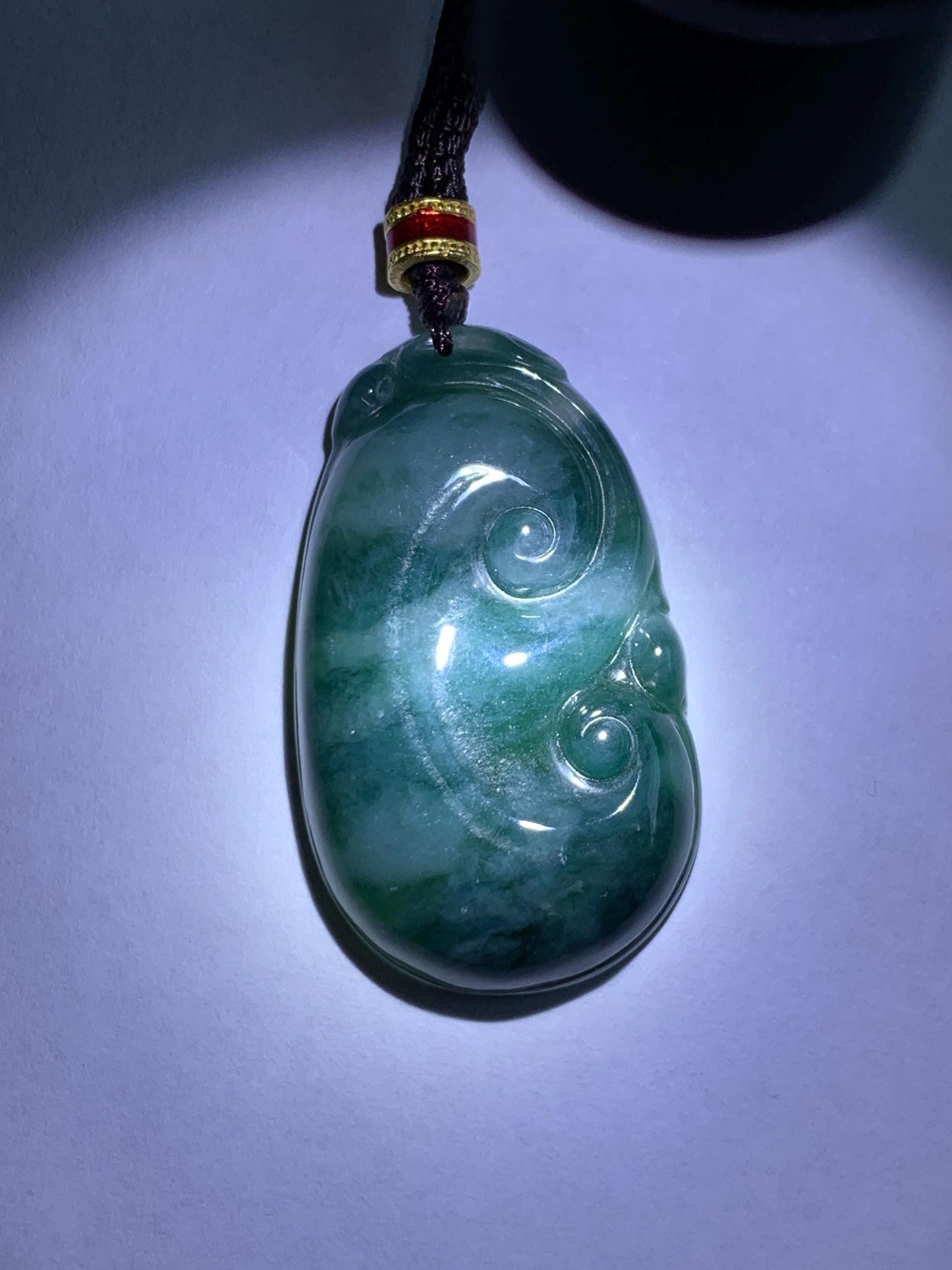 Certified Natural Grade A Icy Translucent Dark Teal Green Marbled Jade Jadeite Ruyi Pendant Rope Necklace 26” 9.8g 天然细糯飘花翡翠如意吊坠 479