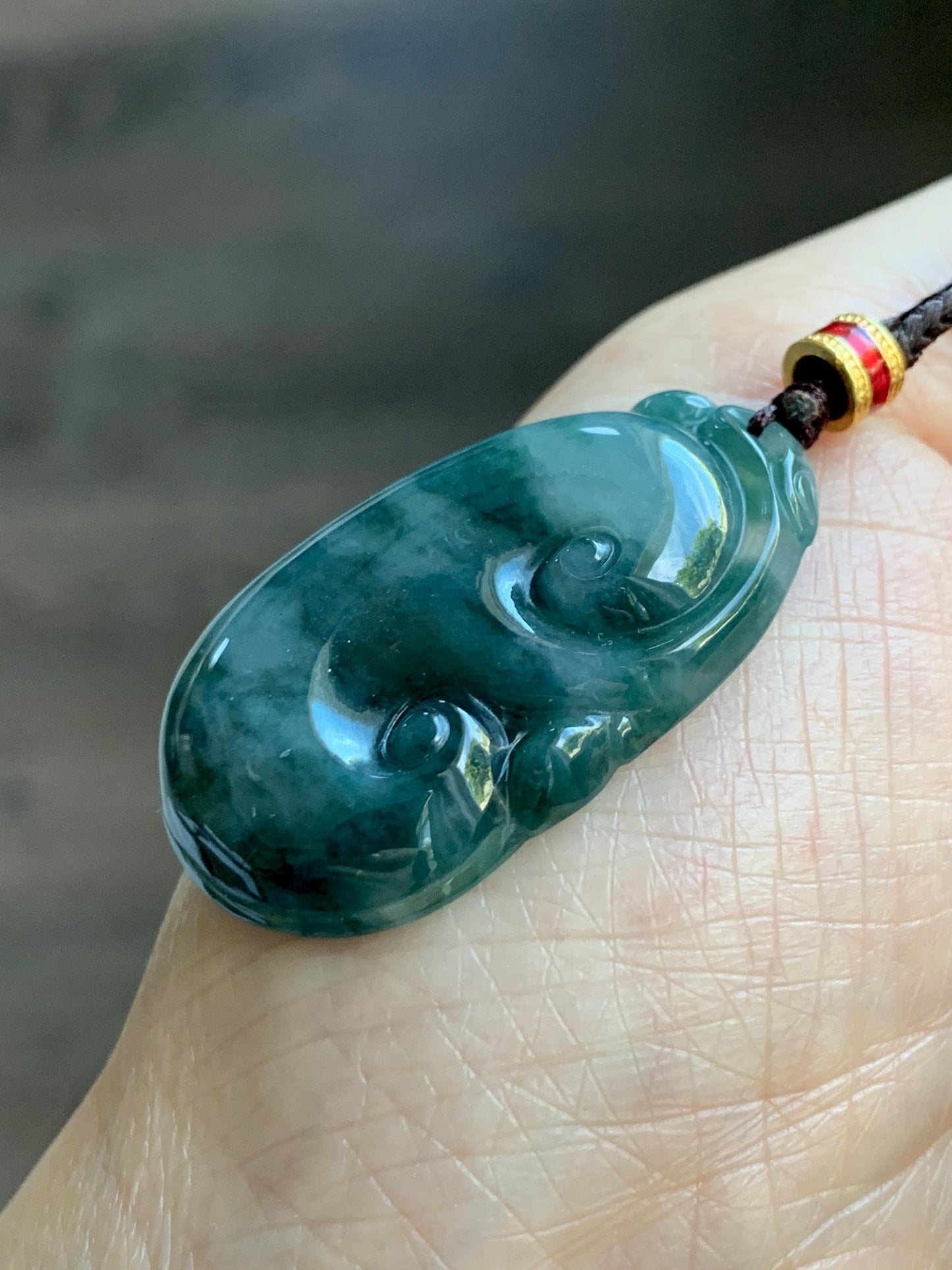 Certified Natural Grade A Icy Translucent Dark Teal Green Marbled Jade Jadeite Ruyi Pendant Rope Necklace 26” 9.8g 天然细糯飘花翡翠如意吊坠 479