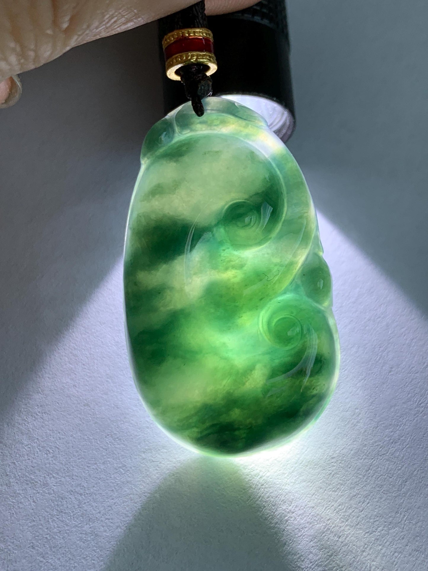 Certified Natural Grade A Icy Translucent Dark Teal Green Marbled Jade Jadeite Ruyi Pendant Rope Necklace 26” 9.8g 天然细糯飘花翡翠如意吊坠 479