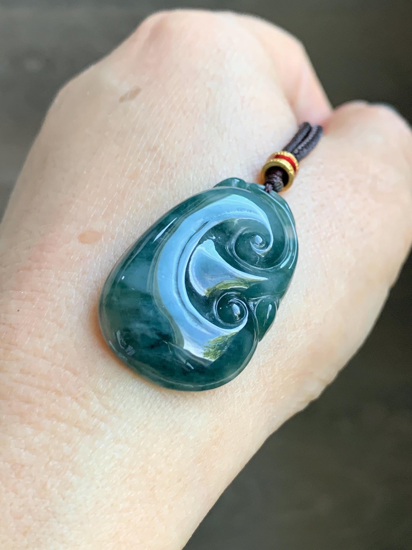 Certified Natural Grade A Icy Translucent Dark Teal Green Marbled Jade Jadeite Ruyi Pendant Rope Necklace 26” 9.8g 天然细糯飘花翡翠如意吊坠 479