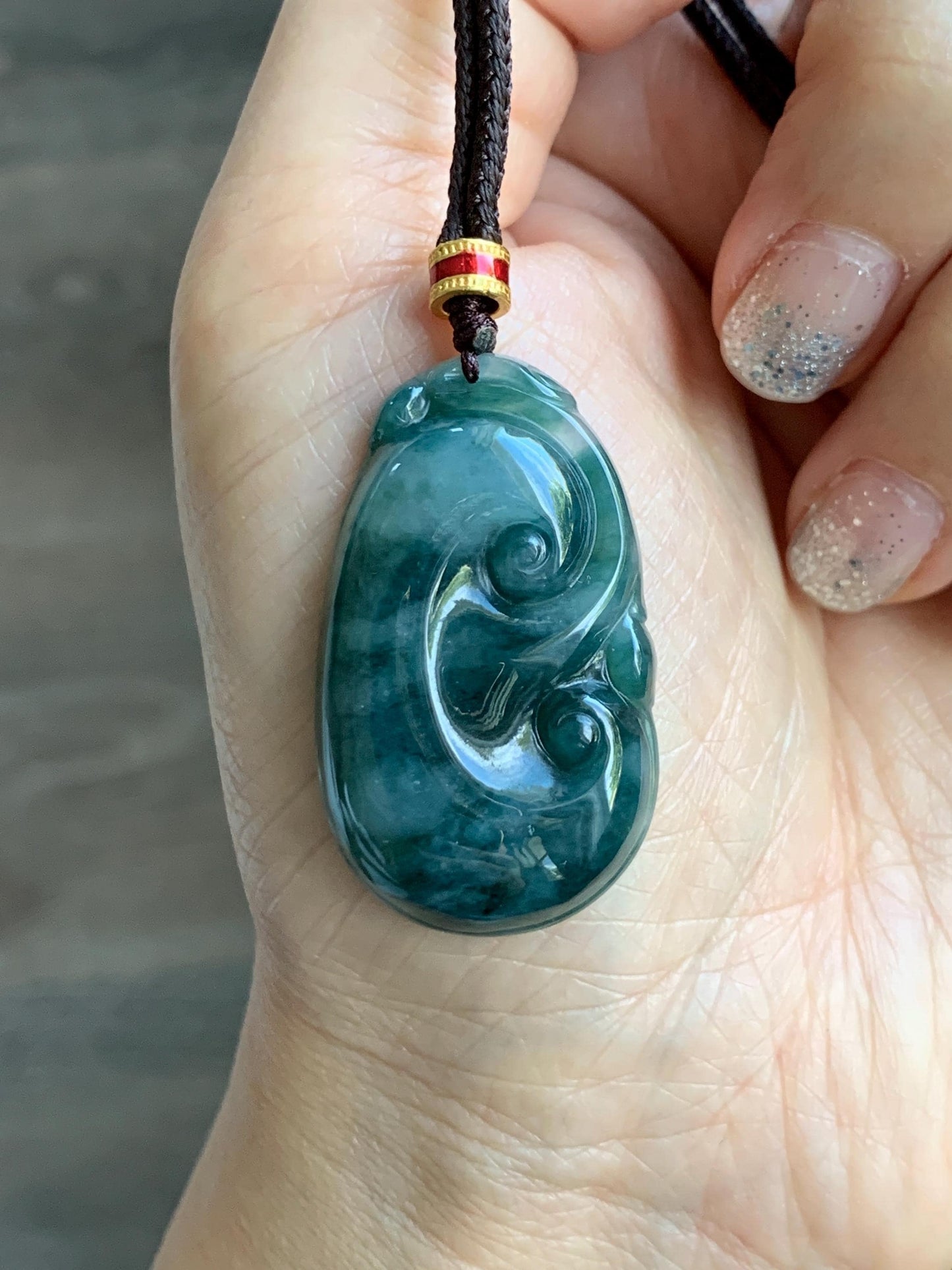 Certified Natural Grade A Icy Translucent Dark Teal Green Marbled Jade Jadeite Ruyi Pendant Rope Necklace 26” 9.8g 天然细糯飘花翡翠如意吊坠 479