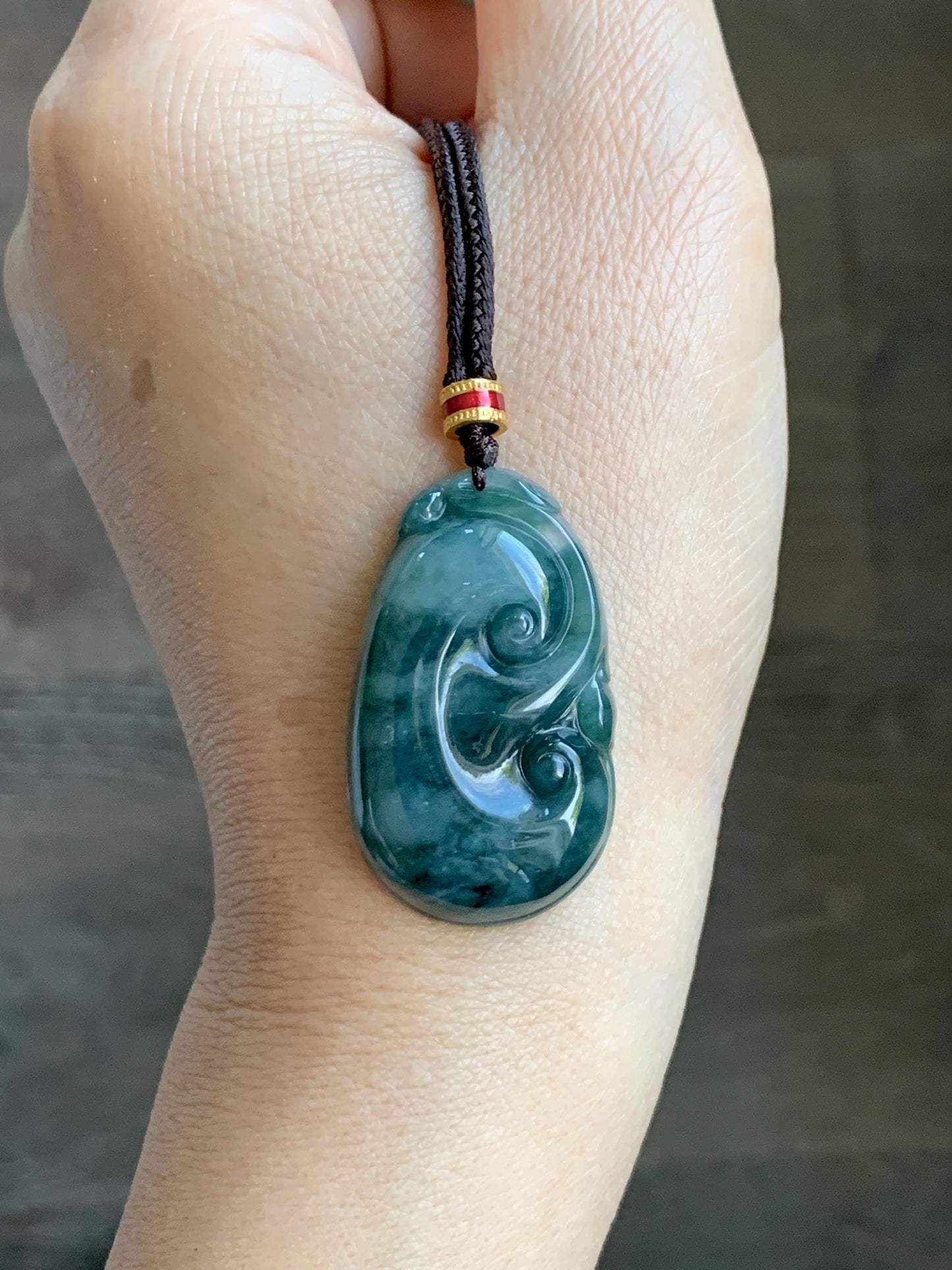 Certified Natural Grade A Icy Translucent Dark Teal Green Marbled Jade Jadeite Ruyi Pendant Rope Necklace 26” 9.8g 天然细糯飘花翡翠如意吊坠 479