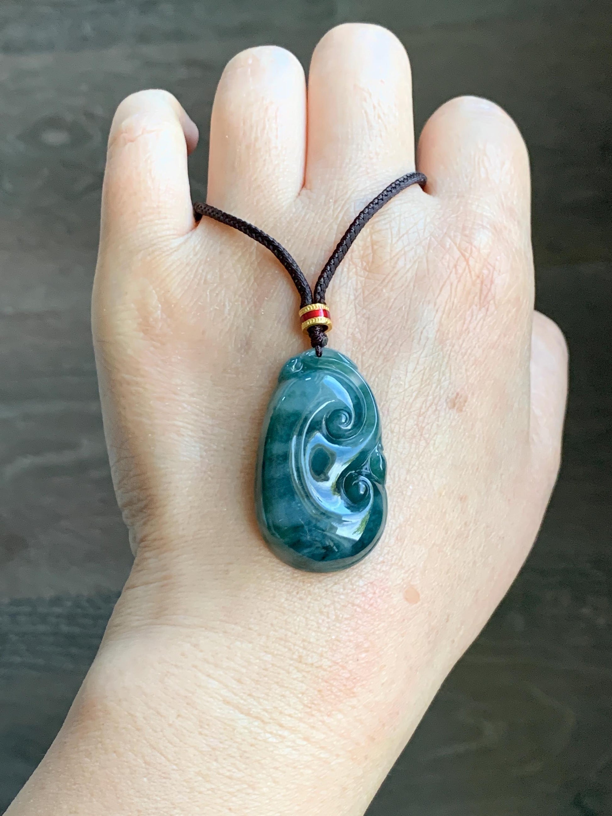 Certified Natural Grade A Icy Translucent Dark Teal Green Marbled Jade Jadeite Ruyi Pendant Rope Necklace 26” 9.8g 天然细糯飘花翡翠如意吊坠 479