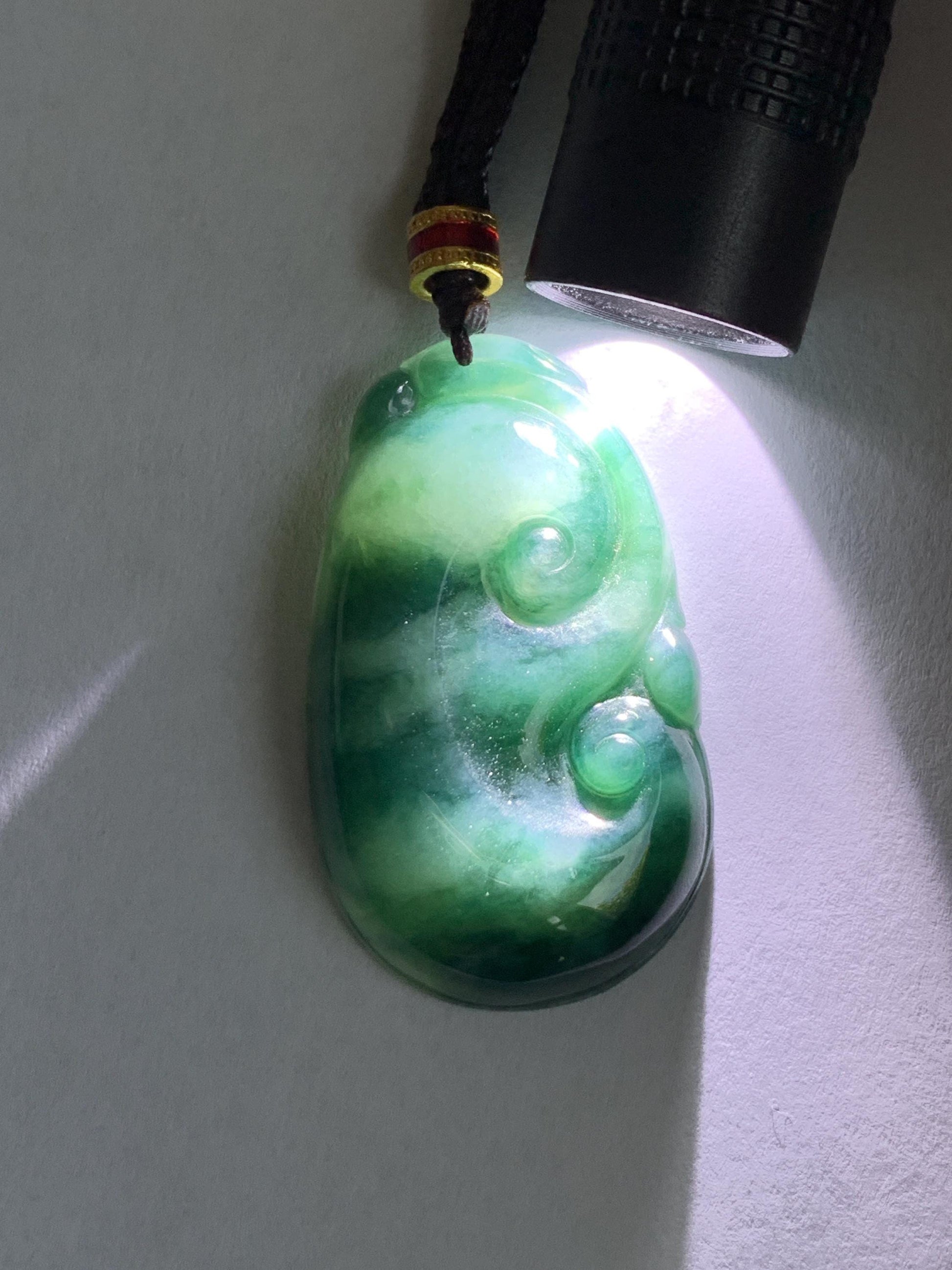 Certified Natural Grade A Icy Translucent Dark Teal Green Marbled Jade Jadeite Ruyi Pendant Rope Necklace 26” 9.8g 天然细糯飘花翡翠如意吊坠 479