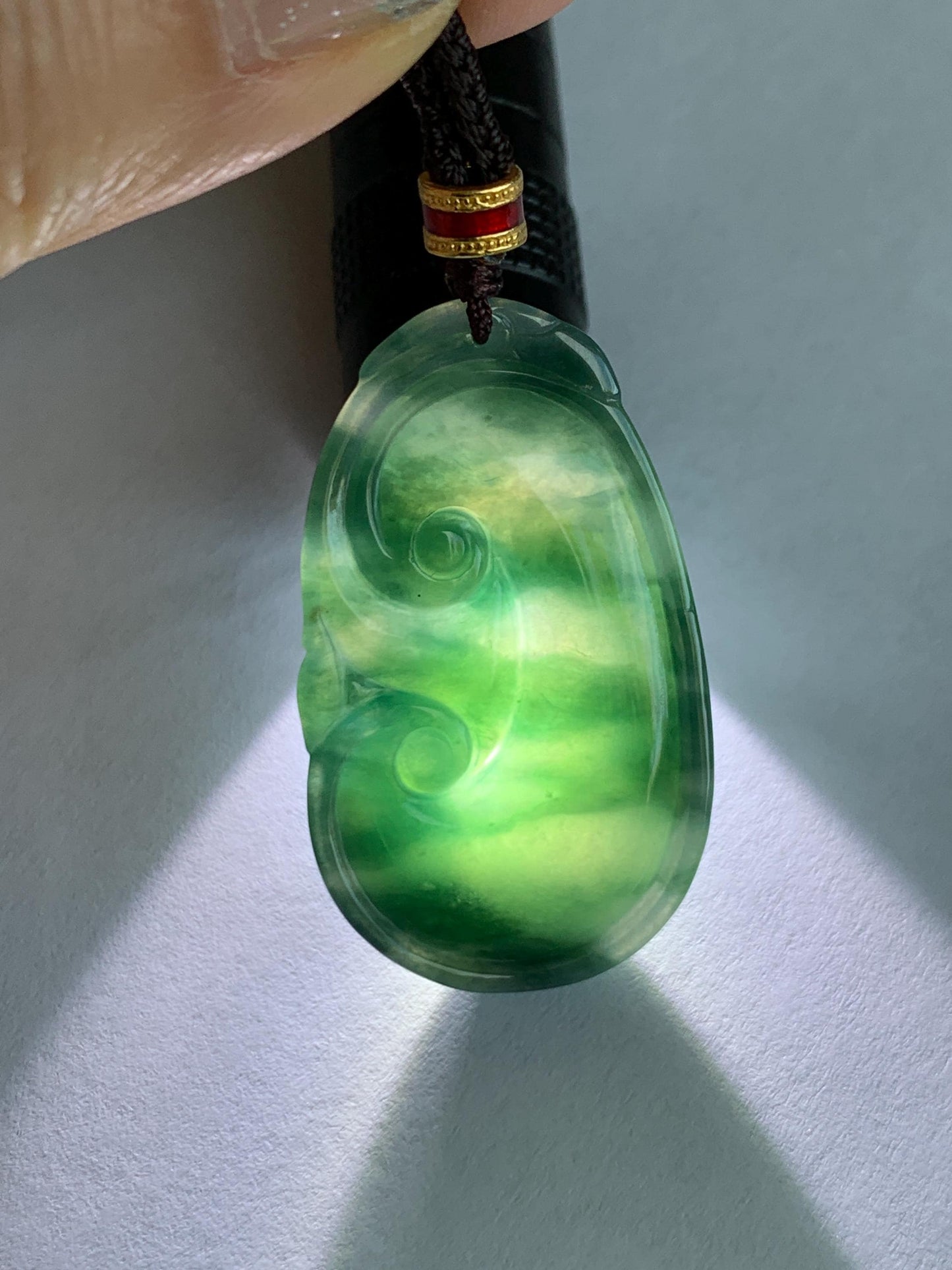 Certified Natural Grade A Icy Translucent Dark Teal Green Marbled Jade Jadeite Ruyi Pendant Rope Necklace 26” 9.8g 天然细糯飘花翡翠如意吊坠 479