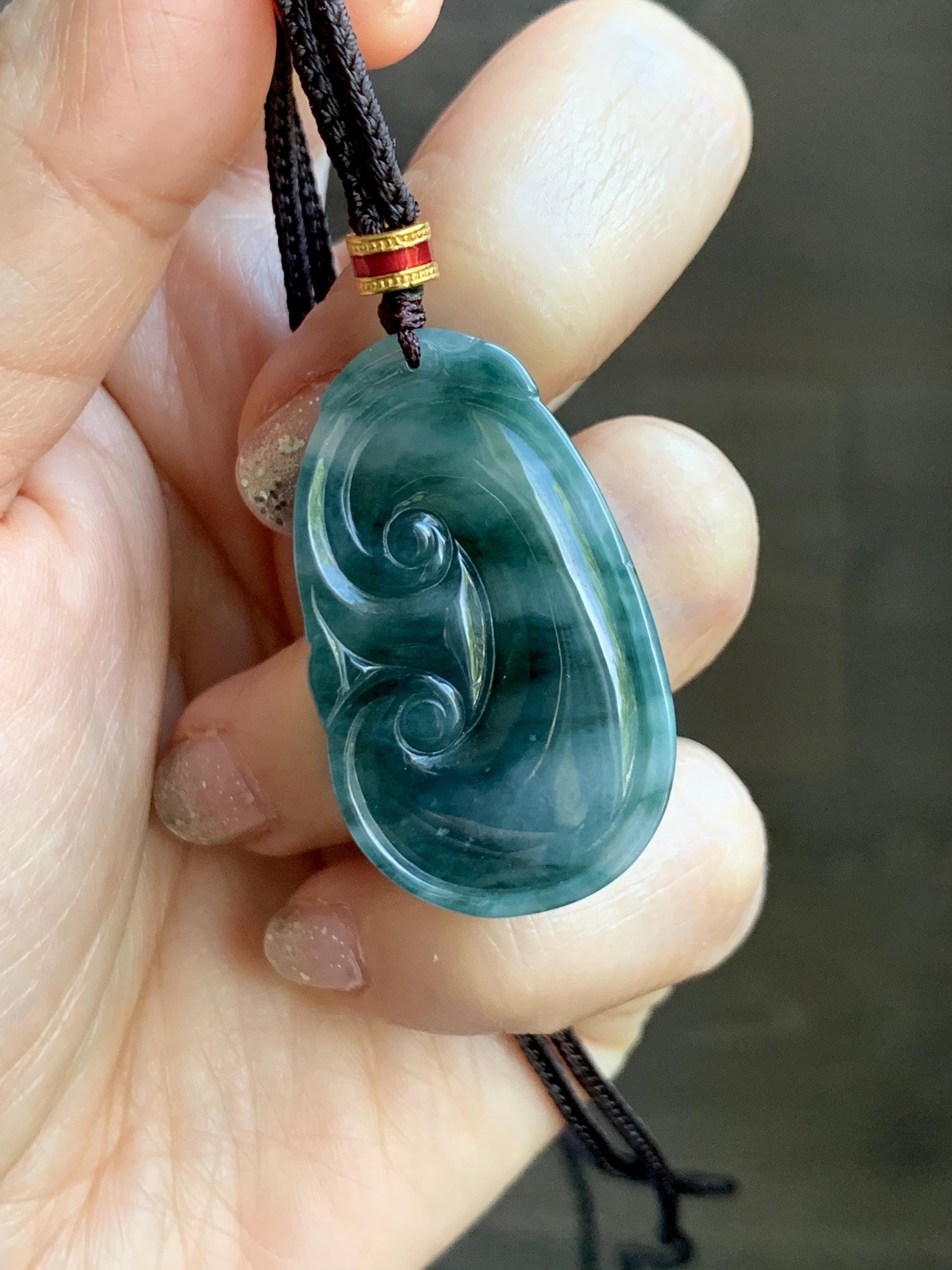 Certified Natural Grade A Icy Translucent Dark Teal Green Marbled Jade Jadeite Ruyi Pendant Rope Necklace 26” 9.8g 天然细糯飘花翡翠如意吊坠 479