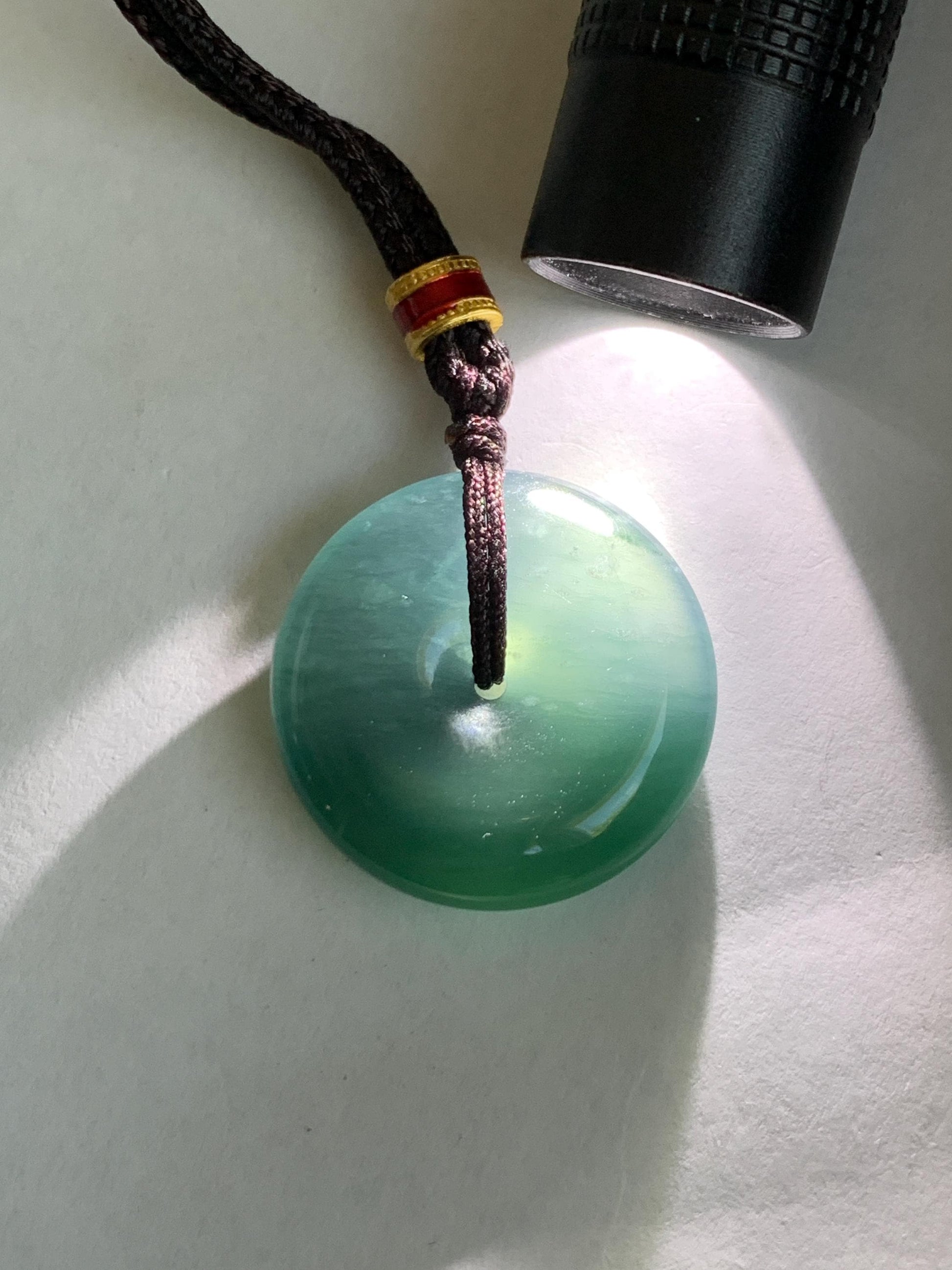 Natural Grade A Guatemalan Icy Translucent Dark Teal Blue Jade Jadeite Ping An Kou Donut Pendant Rope Necklace 26” 8g 天然冰危深蓝绿翡翠平安扣吊坠 WPK330B