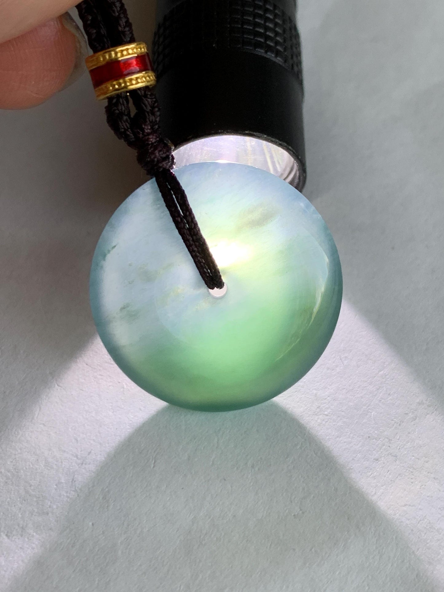 Natural Grade A Guatemalan Icy Translucent Dark Teal Blue Jade Jadeite Ping An Kou Donut Pendant Rope Necklace 26” 8g 天然冰危深蓝绿翡翠平安扣吊坠 WPK330B