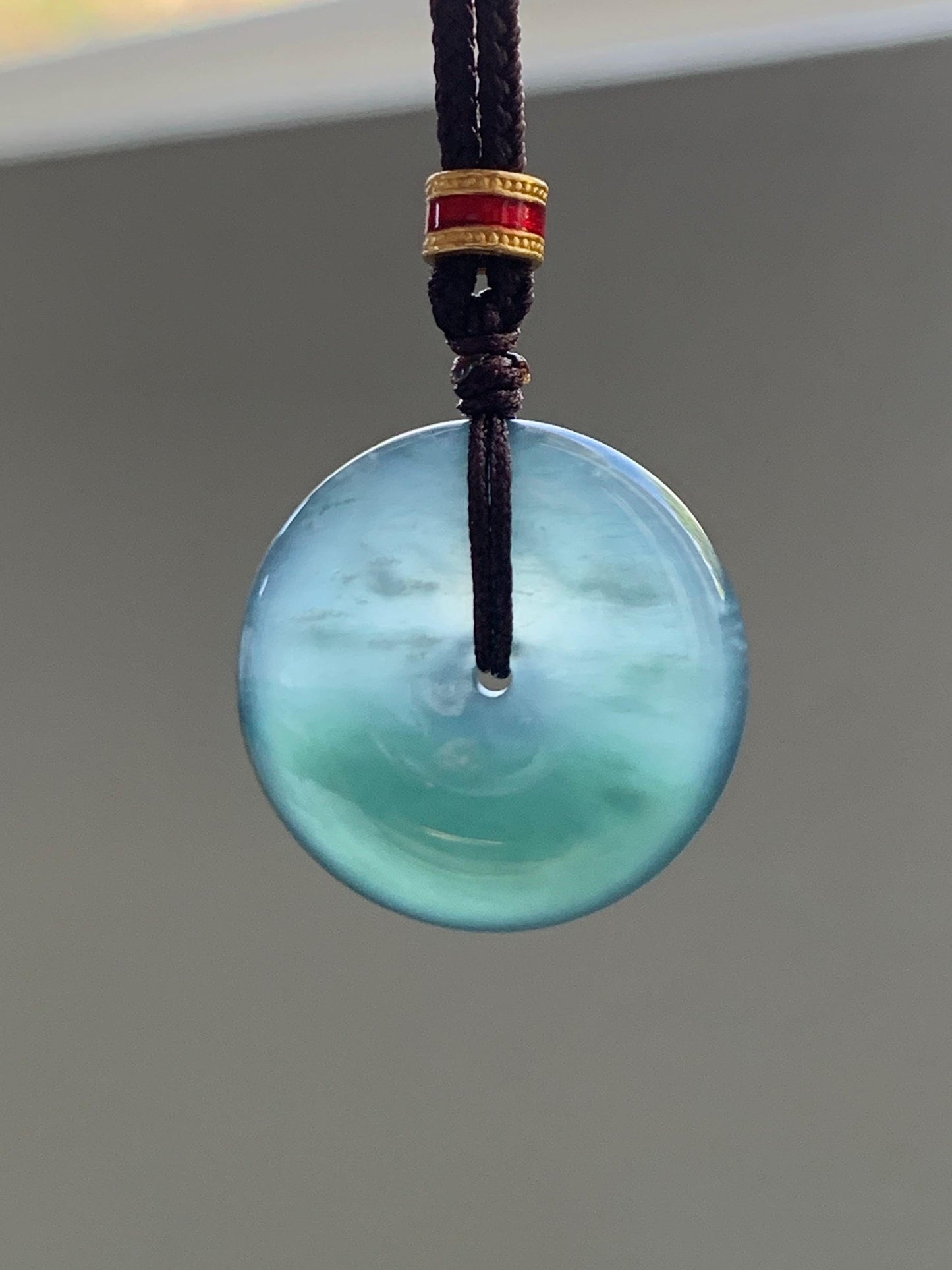 Natural Grade A Guatemalan Icy Translucent Dark Teal Blue Jade Jadeite Ping An Kou Donut Pendant Rope Necklace 26” 8g 天然冰危深蓝绿翡翠平安扣吊坠 WPK330B