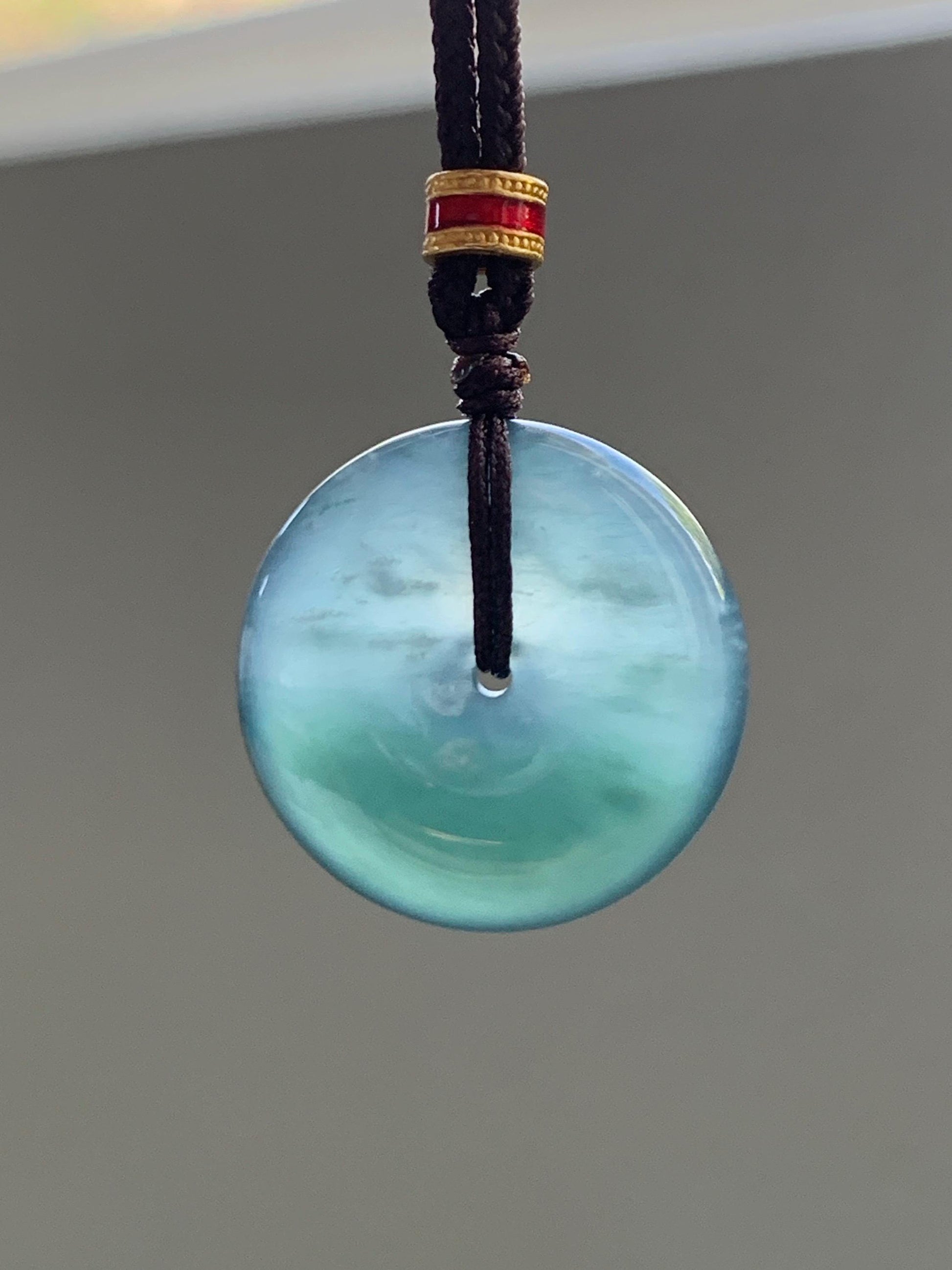 Natural Grade A Guatemalan Icy Translucent Dark Teal Blue Jade Jadeite Ping An Kou Donut Pendant Rope Necklace 26” 8g 天然冰危深蓝绿翡翠平安扣吊坠 WPK330B