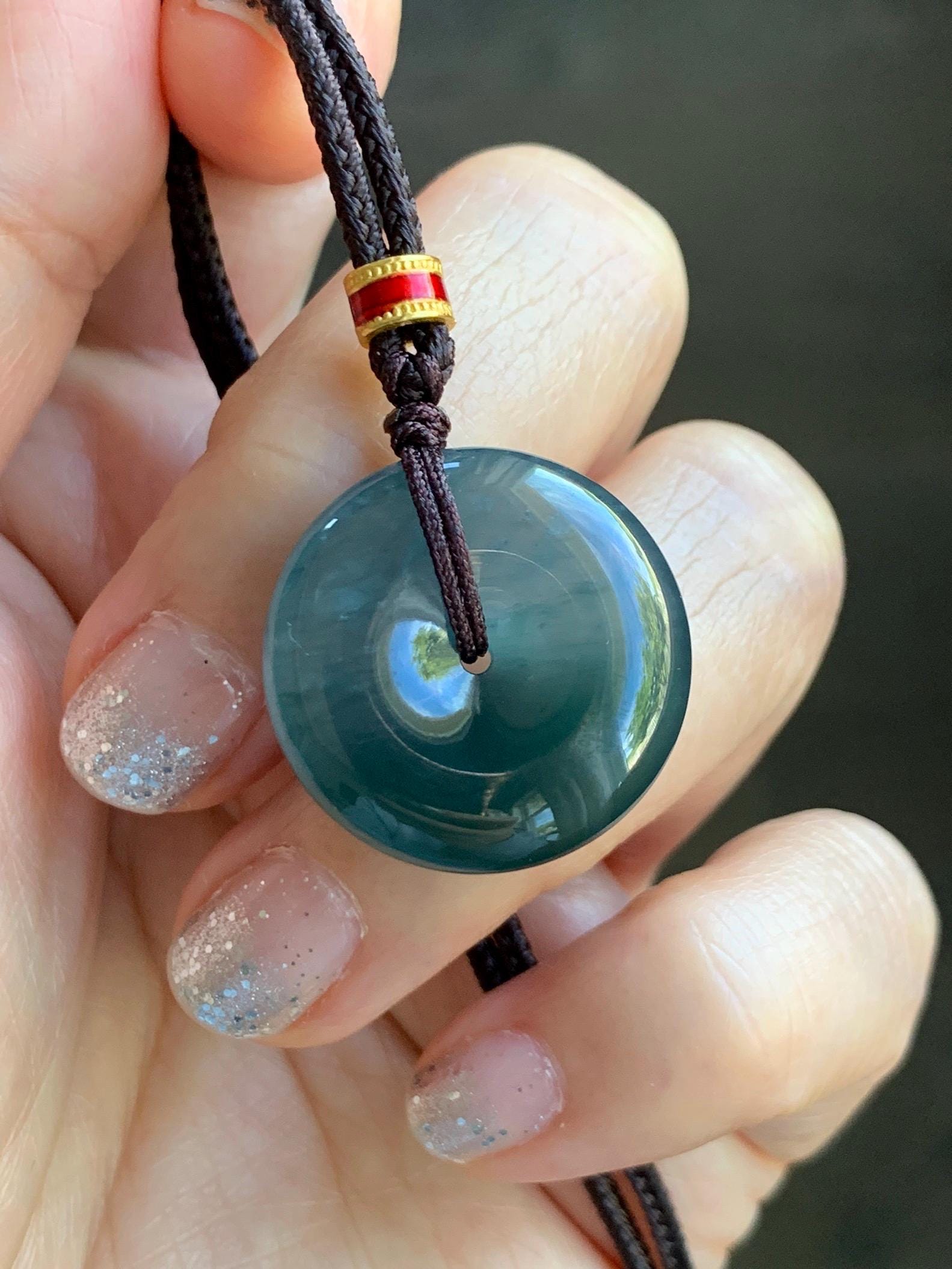 Natural Grade A Guatemalan Icy Translucent Dark Teal Blue Jade Jadeite Ping An Kou Donut Pendant Rope Necklace 26” 8g 天然冰危深蓝绿翡翠平安扣吊坠 WPK330B