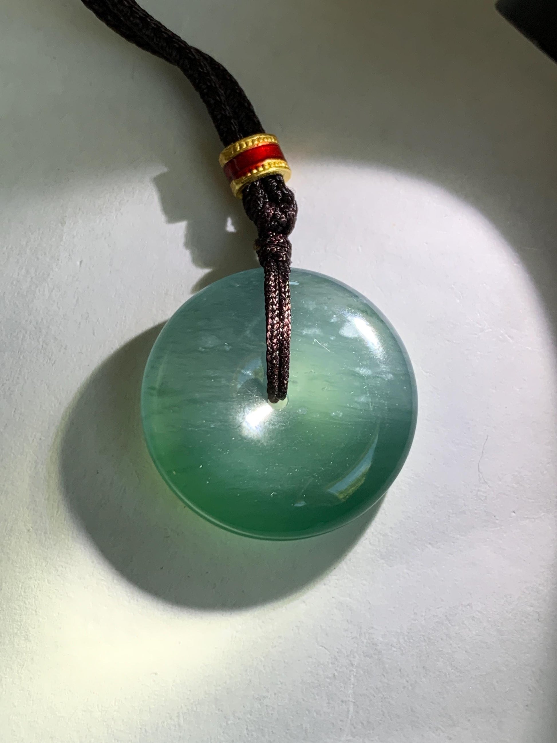 Natural Grade A Guatemalan Icy Translucent Dark Teal Blue Jade Jadeite Ping An Kou Donut Pendant Rope Necklace 26” 8g 天然冰危深蓝绿翡翠平安扣吊坠 WPK330B