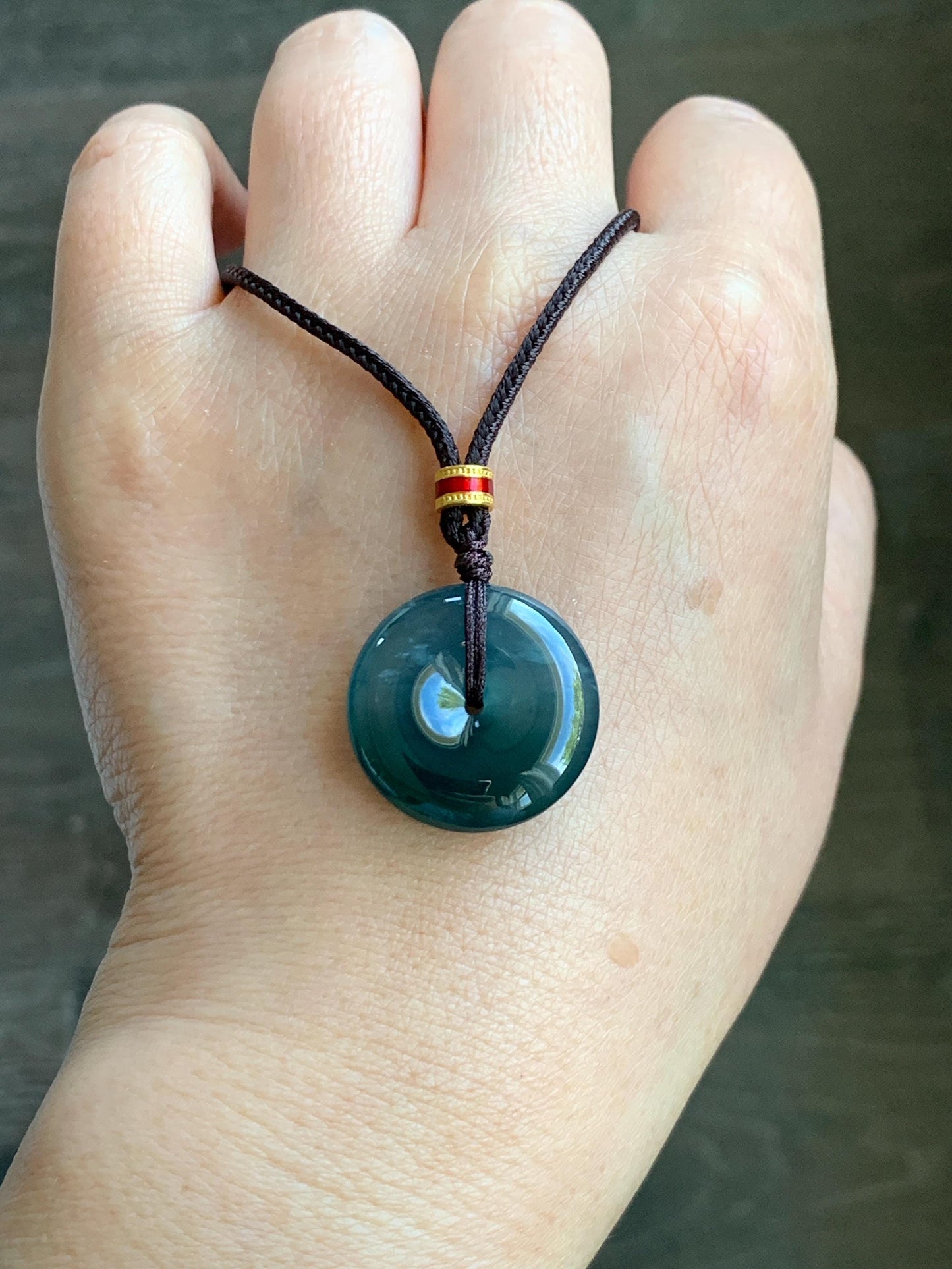 Natural Grade A Guatemalan Icy Translucent Dark Teal Blue Jade Jadeite Ping An Kou Donut Pendant Rope Necklace 26” 8g 天然冰危深蓝绿翡翠平安扣吊坠 WPK330B