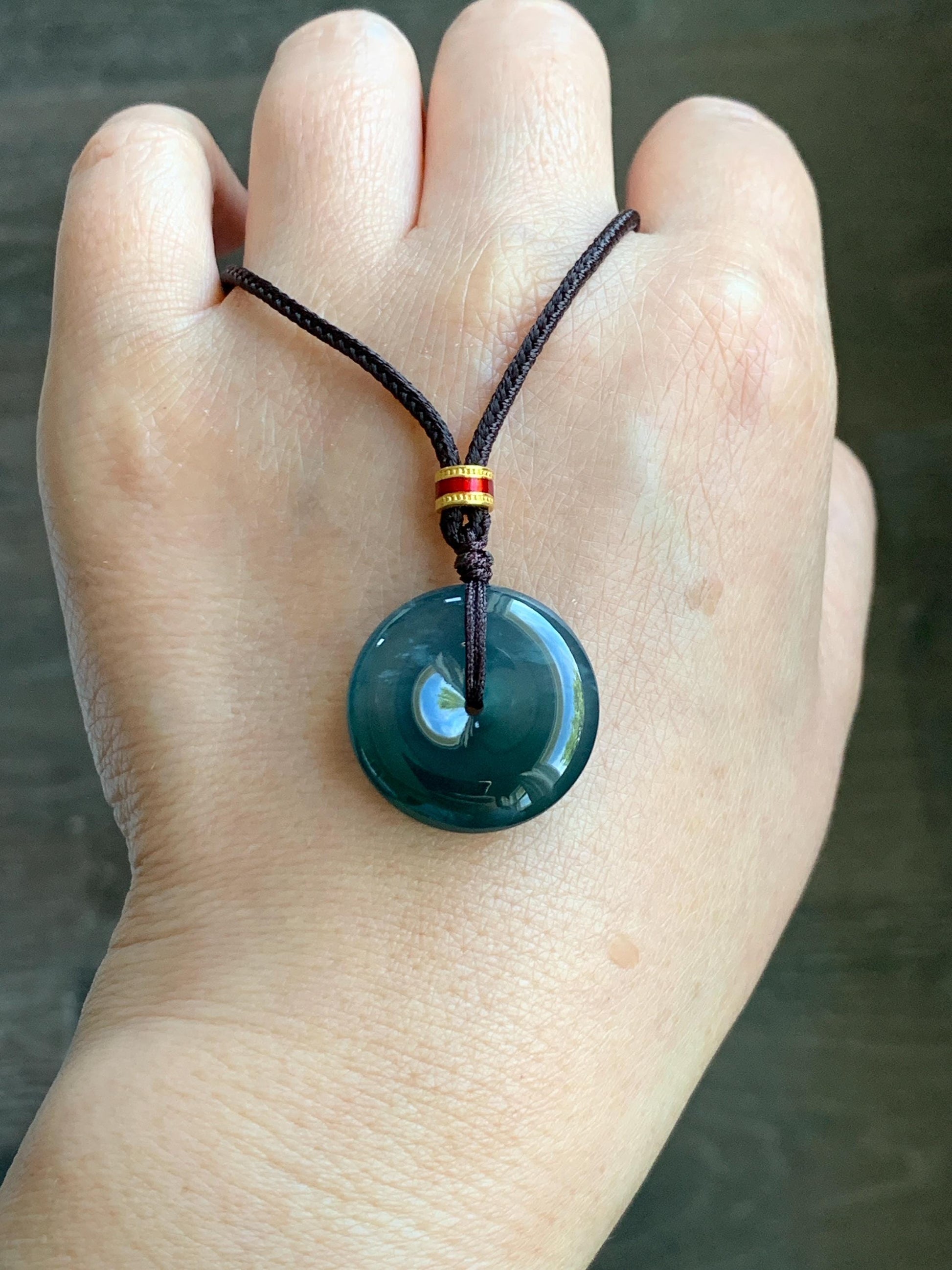 Natural Grade A Guatemalan Icy Translucent Dark Teal Blue Jade Jadeite Ping An Kou Donut Pendant Rope Necklace 26” 8g 天然冰危深蓝绿翡翠平安扣吊坠 WPK330B