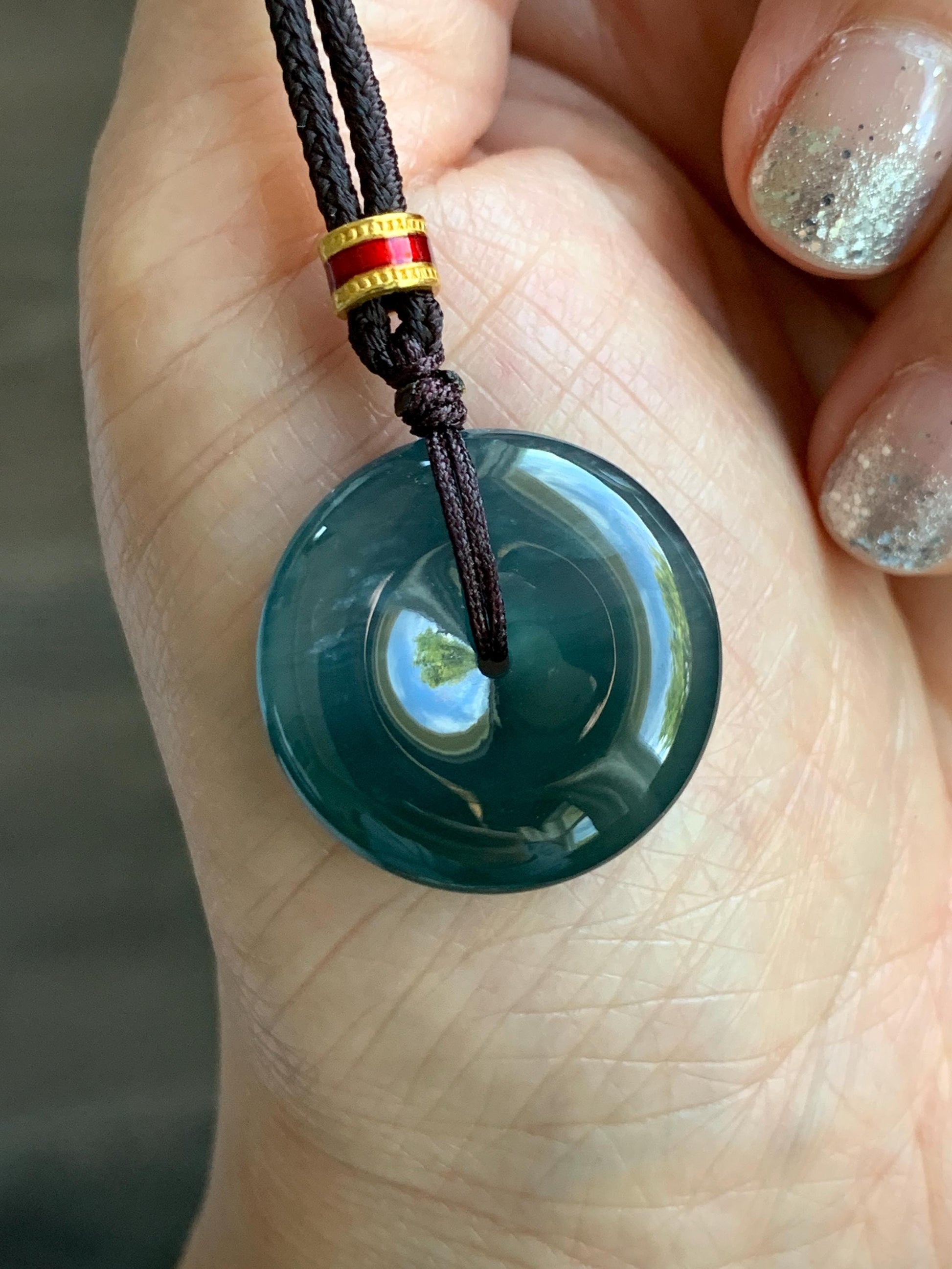 Natural Grade A Guatemalan Icy Translucent Dark Teal Blue Jade Jadeite Ping An Kou Donut Pendant Rope Necklace 26” 8g 天然冰危深蓝绿翡翠平安扣吊坠 WPK330B