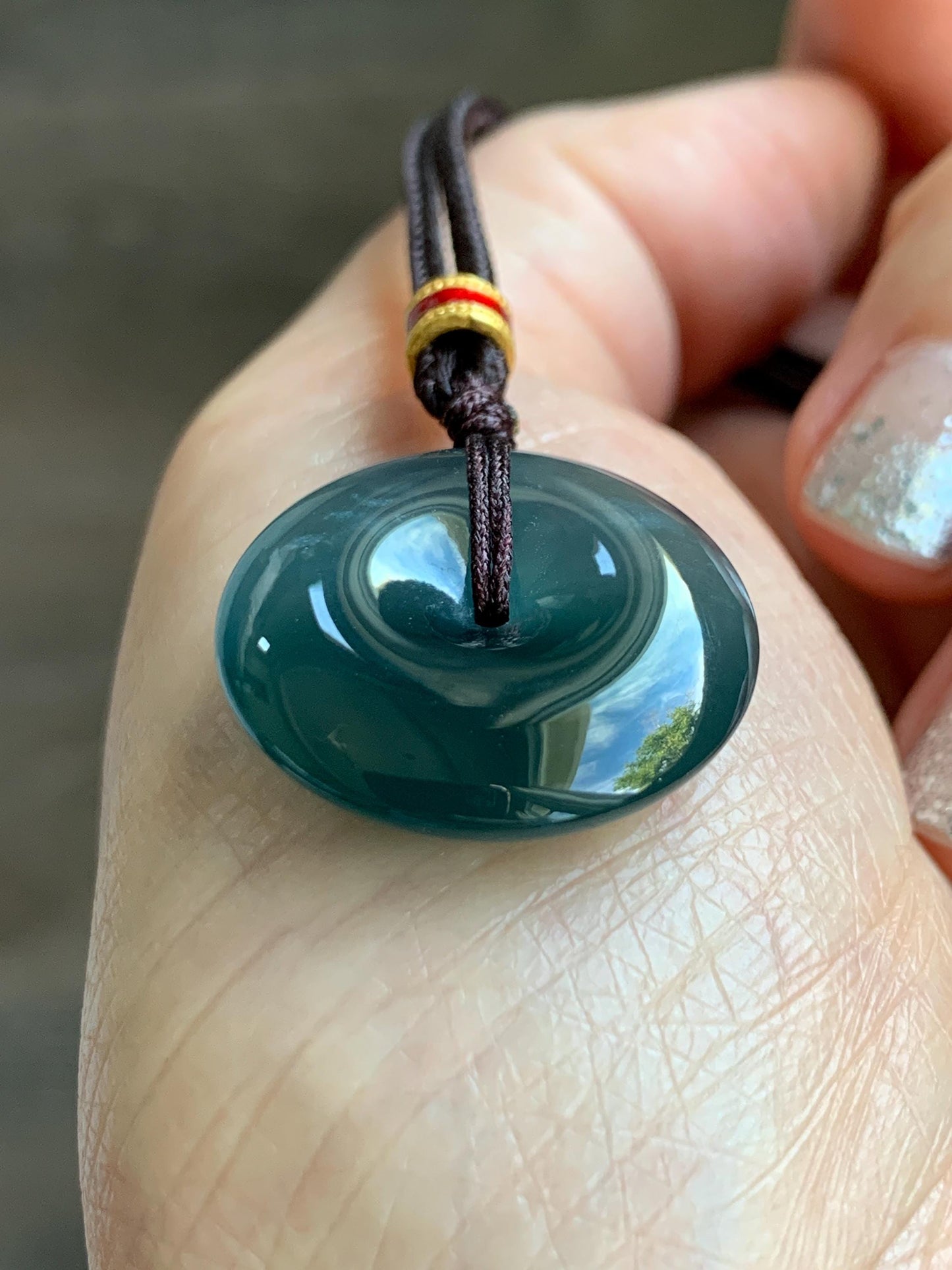 Natural Grade A Guatemalan Icy Translucent Dark Teal Blue Jade Jadeite Ping An Kou Donut Pendant Rope Necklace 26” 8g 天然冰危深蓝绿翡翠平安扣吊坠 WPK330B