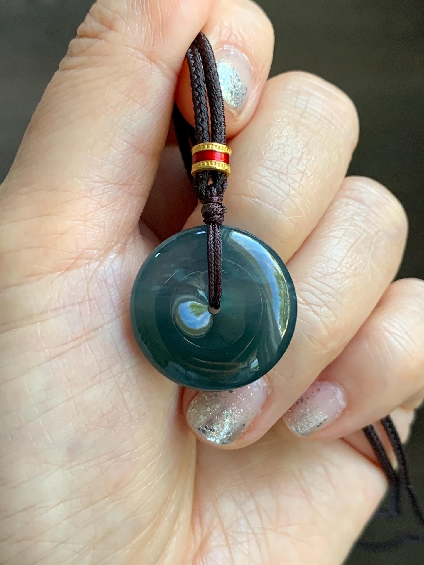 Natural Grade A Guatemalan Icy Translucent Dark Teal Blue Jade Jadeite Ping An Kou Donut Pendant Rope Necklace 26” 8g 天然冰危深蓝绿翡翠平安扣吊坠 WPK330B