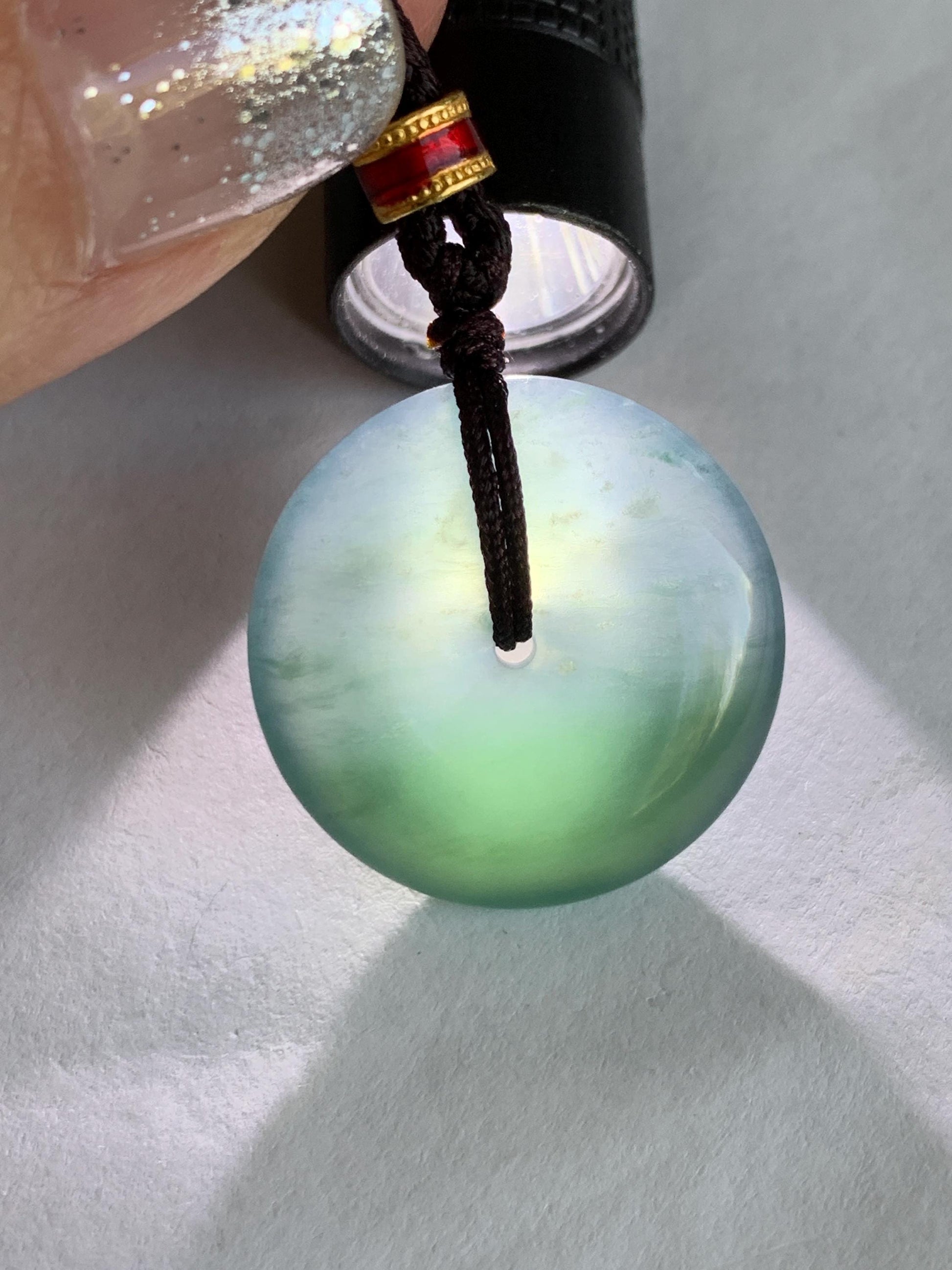 Natural Grade A Guatemalan Icy Translucent Dark Teal Blue Jade Jadeite Ping An Kou Donut Pendant Rope Necklace 26” 8g 天然冰危深蓝绿翡翠平安扣吊坠 WPK330B