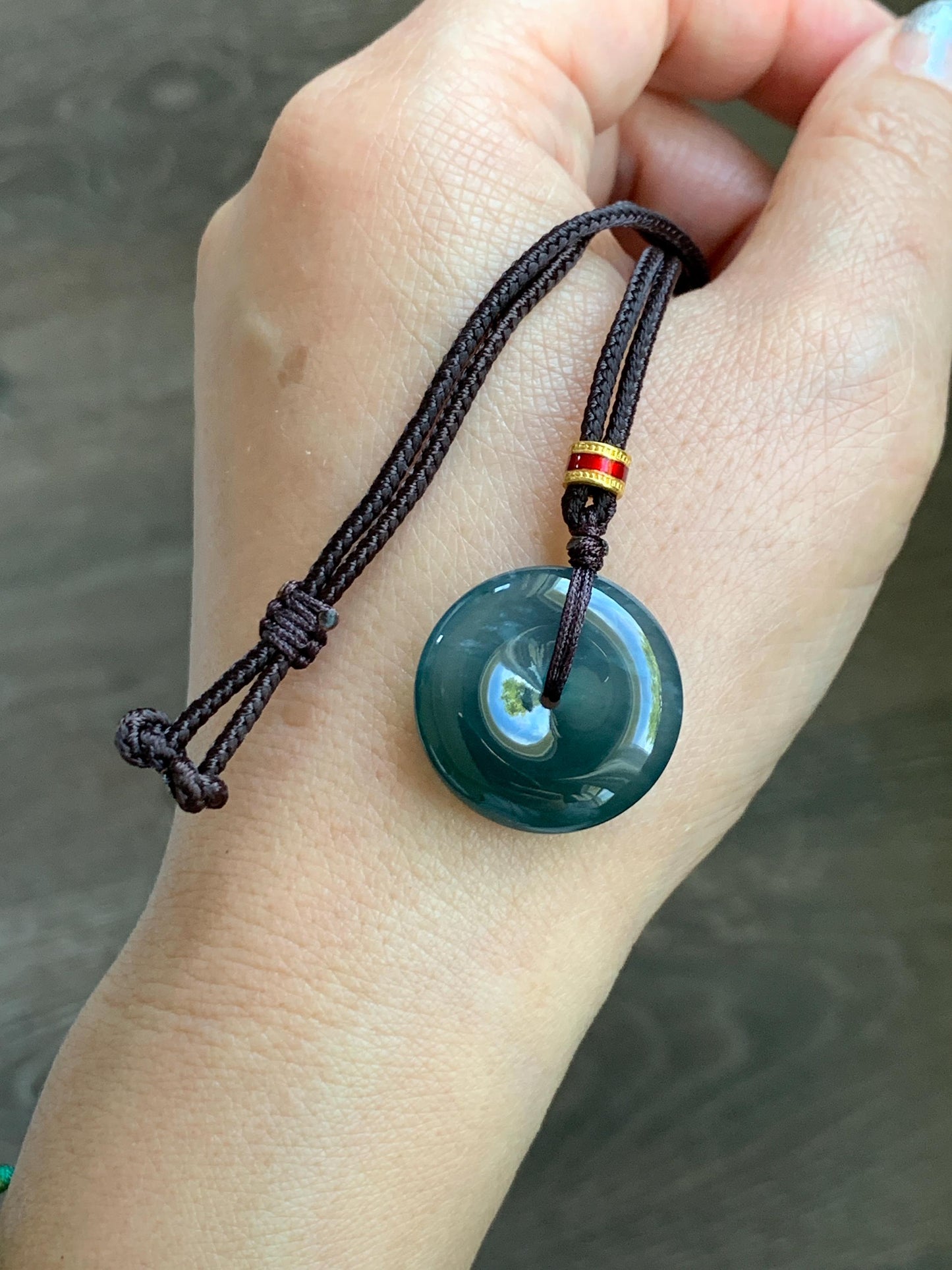 Natural Grade A Guatemalan Icy Translucent Dark Teal Blue Jade Jadeite Ping An Kou Donut Pendant Rope Necklace 26” 8g 天然冰危深蓝绿翡翠平安扣吊坠 WPK330B