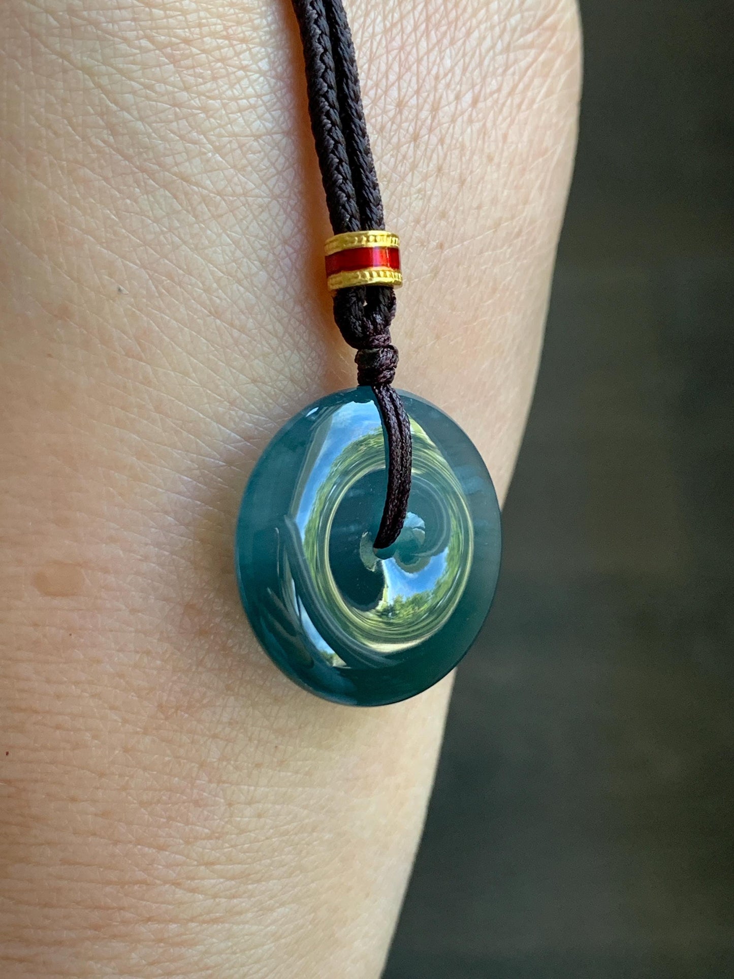 Natural Grade A Guatemalan Icy Translucent Dark Teal Blue Jade Jadeite Ping An Kou Donut Pendant Rope Necklace 26” 8g 天然冰危深蓝绿翡翠平安扣吊坠 WPK330B