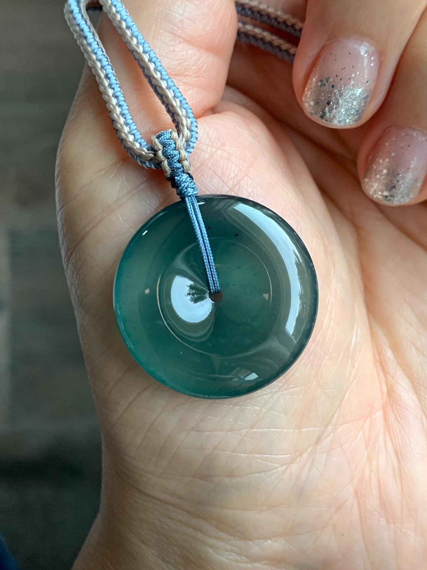 Natural Grade A Guatemalan Icy Translucent Dark Teal Blue Jade Jadeite Ping An Kou Donut Pendant Rope Necklace 27” 11g 天然冰危深蓝绿翡翠平安扣吊坠WPK330C