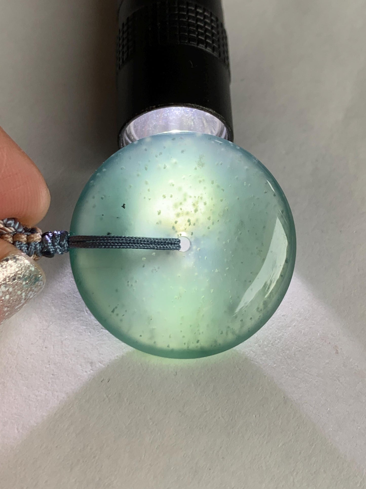 Natural Grade A Guatemalan Icy Translucent Dark Teal Blue Jade Jadeite Ping An Kou Donut Pendant Rope Necklace 27” 11g 天然冰危深蓝绿翡翠平安扣吊坠WPK330C