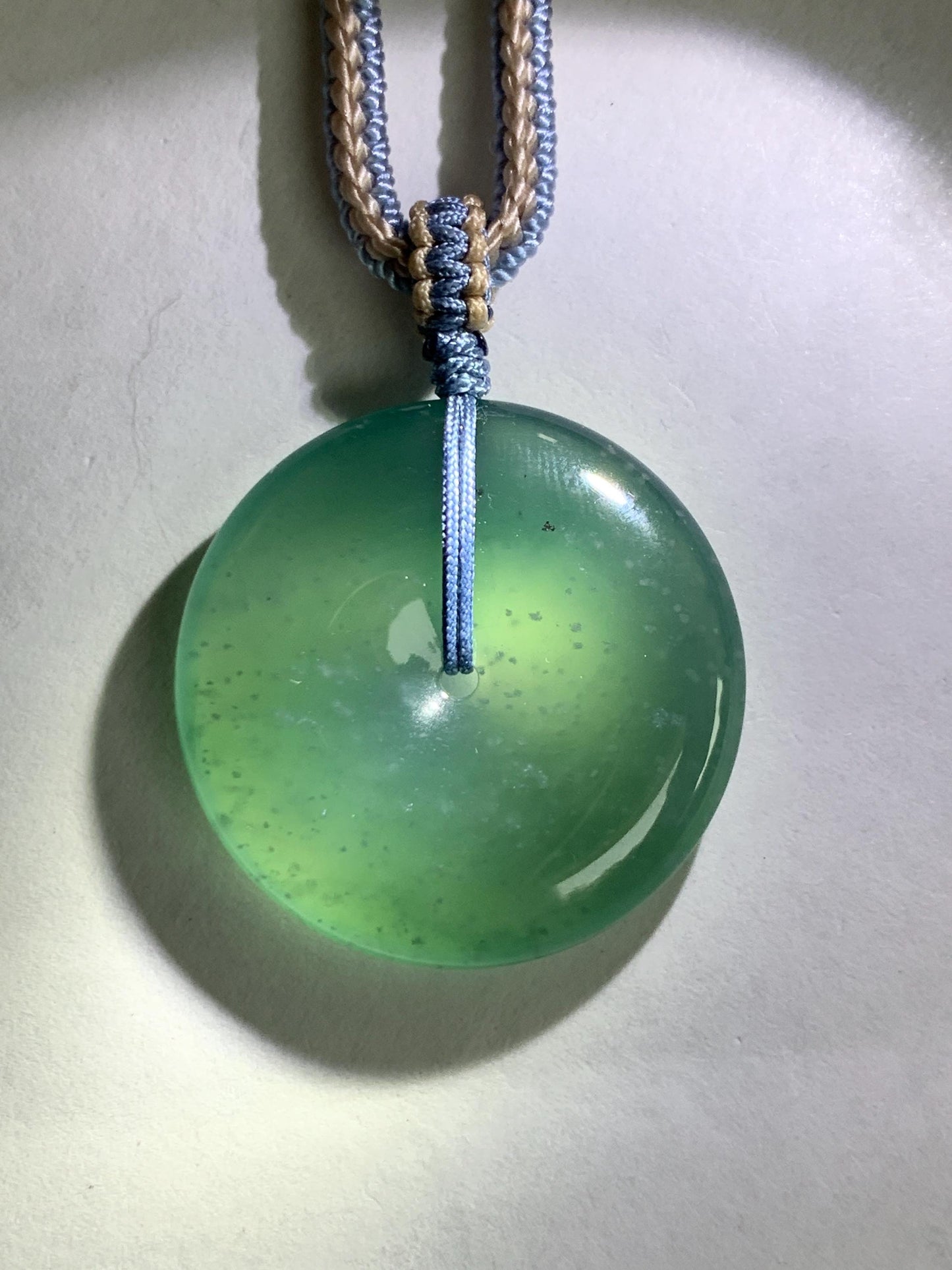 Natural Grade A Guatemalan Icy Translucent Dark Teal Blue Jade Jadeite Ping An Kou Donut Pendant Rope Necklace 27” 11g 天然冰危深蓝绿翡翠平安扣吊坠WPK330C
