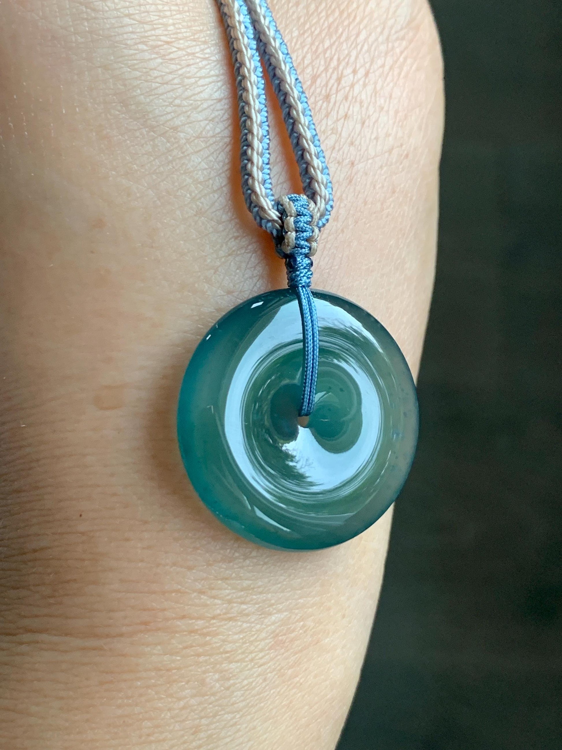 Natural Grade A Guatemalan Icy Translucent Dark Teal Blue Jade Jadeite Ping An Kou Donut Pendant Rope Necklace 27” 11g 天然冰危深蓝绿翡翠平安扣吊坠WPK330C