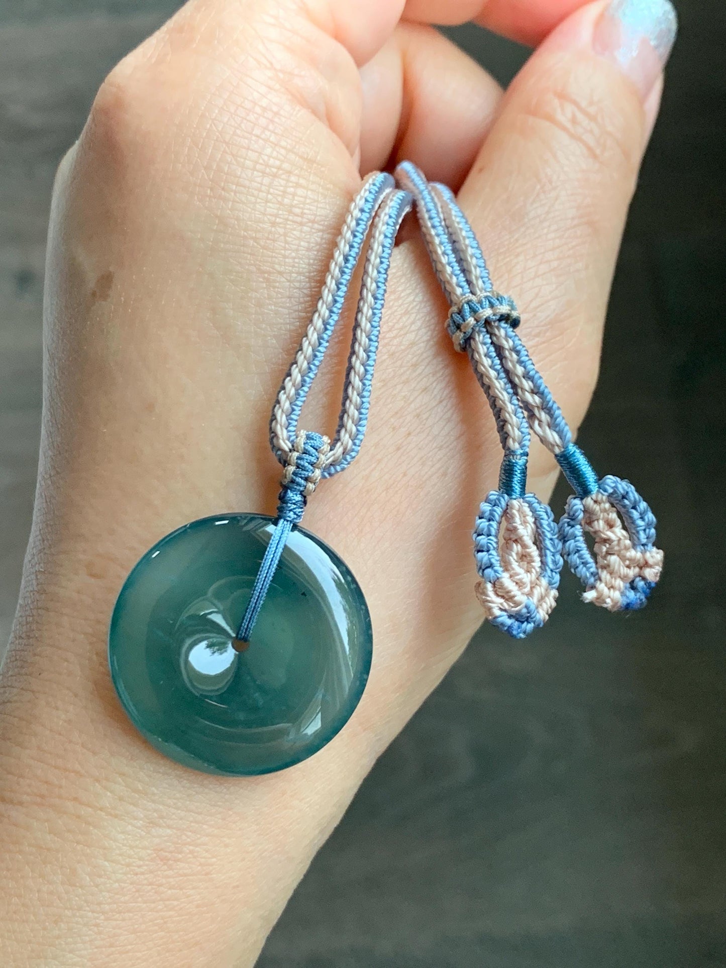 Natural Grade A Guatemalan Icy Translucent Dark Teal Blue Jade Jadeite Ping An Kou Donut Pendant Rope Necklace 27” 11g 天然冰危深蓝绿翡翠平安扣吊坠WPK330C
