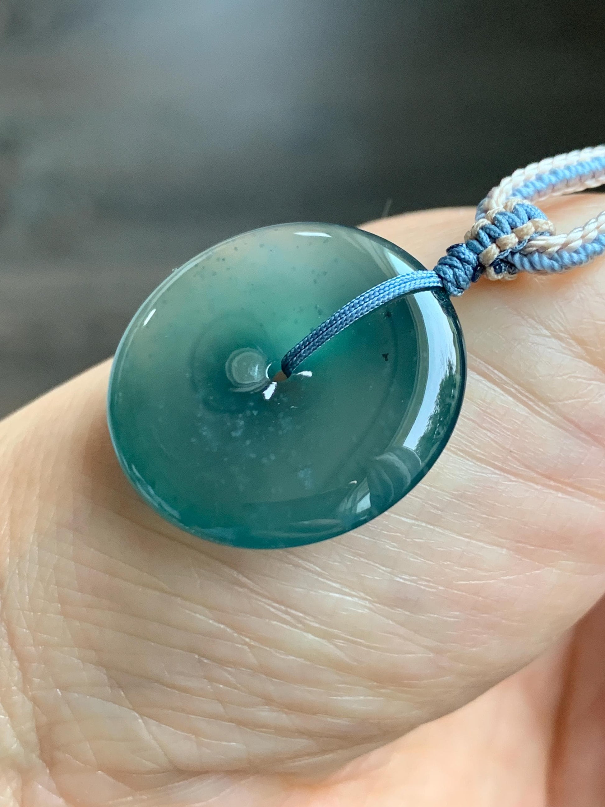 Natural Grade A Guatemalan Icy Translucent Dark Teal Blue Jade Jadeite Ping An Kou Donut Pendant Rope Necklace 27” 11g 天然冰危深蓝绿翡翠平安扣吊坠WPK330C