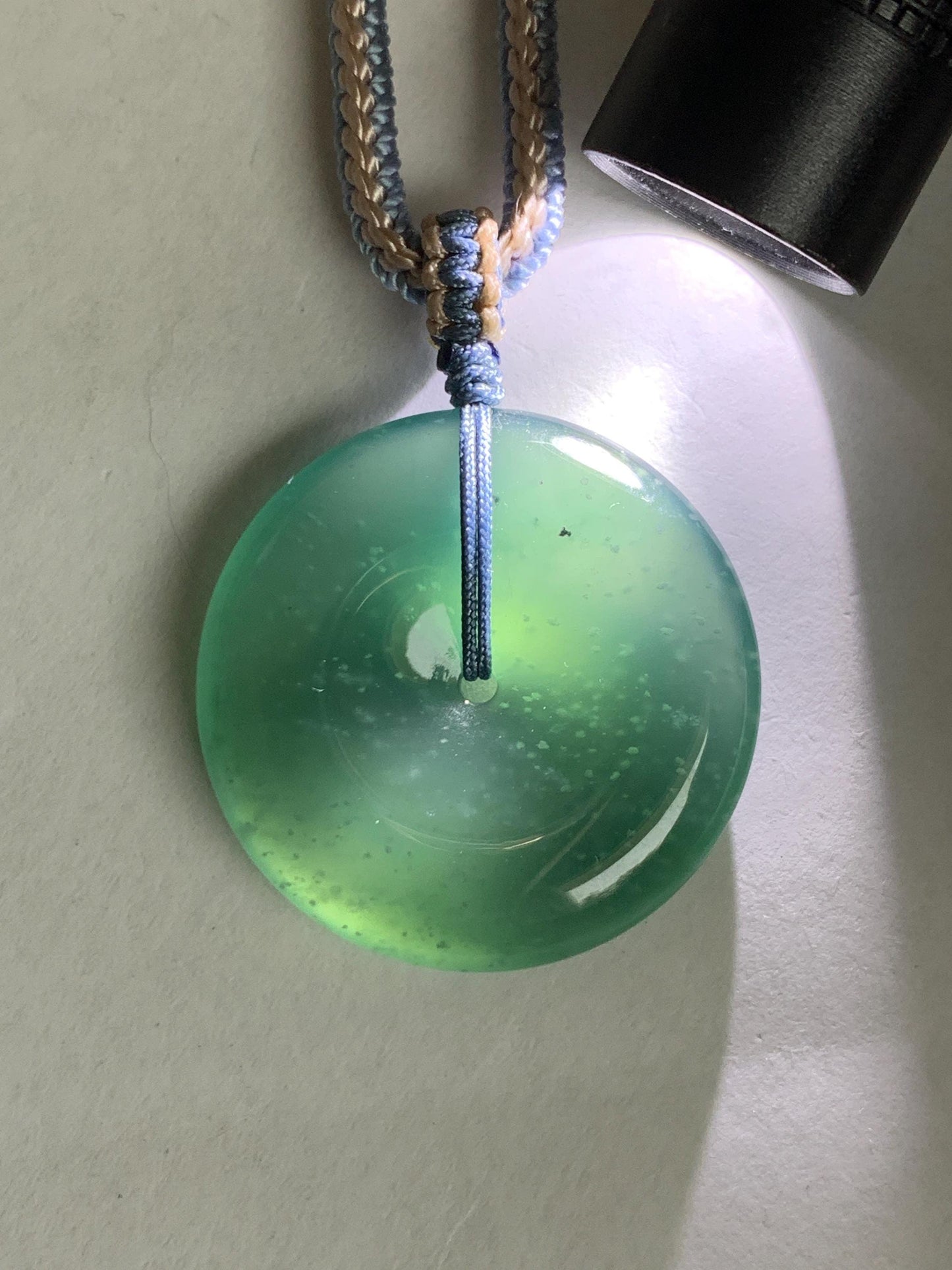 Natural Grade A Guatemalan Icy Translucent Dark Teal Blue Jade Jadeite Ping An Kou Donut Pendant Rope Necklace 27” 11g 天然冰危深蓝绿翡翠平安扣吊坠WPK330C