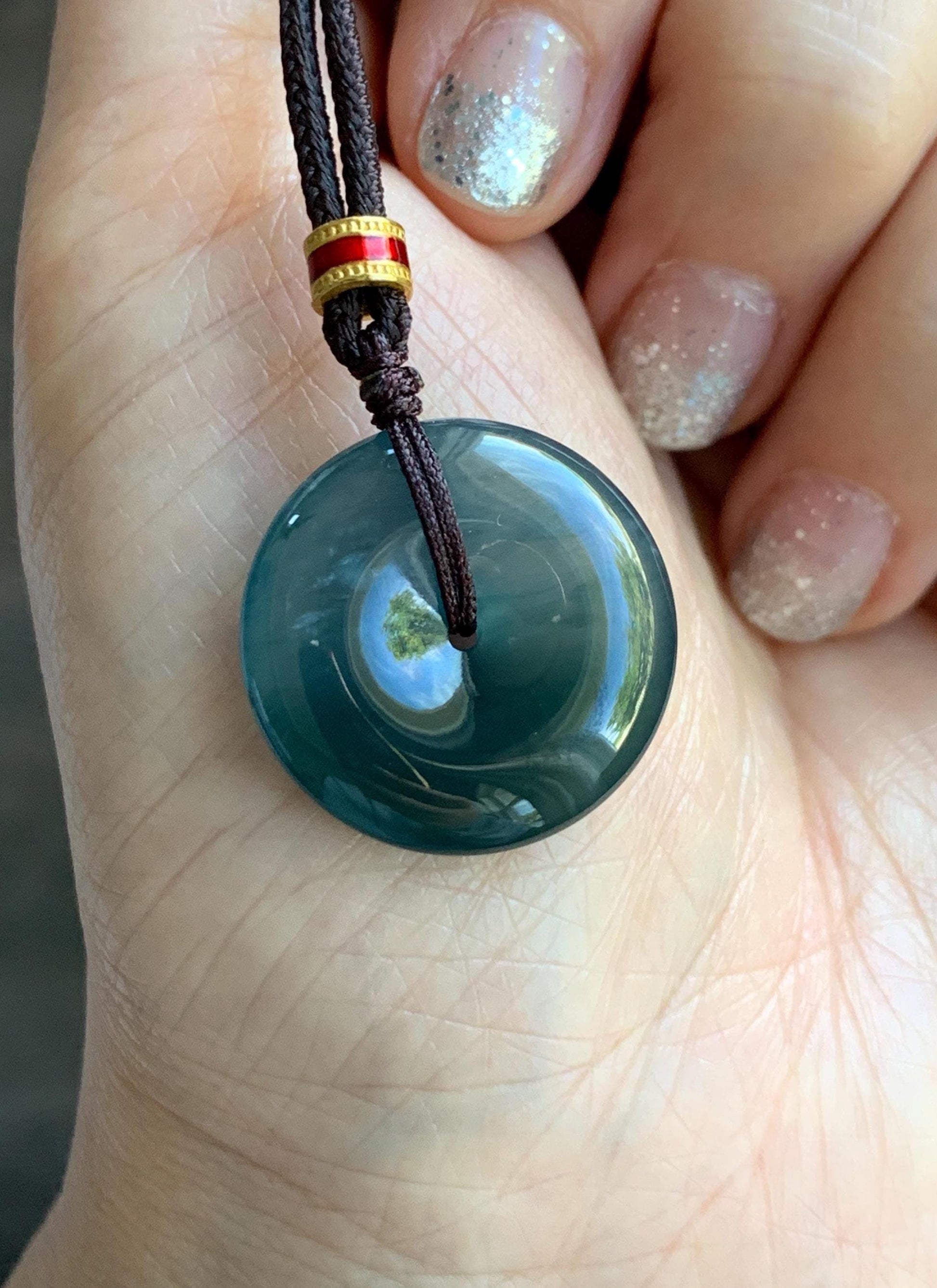 Natural Grade A Guatemalan Icy Translucent Dark Teal Blue Jade Jadeite Ping An Kou Donut Pendant Rope Necklace 26” 8g 天然冰危深蓝绿翡翠平安扣吊坠 WPK330B