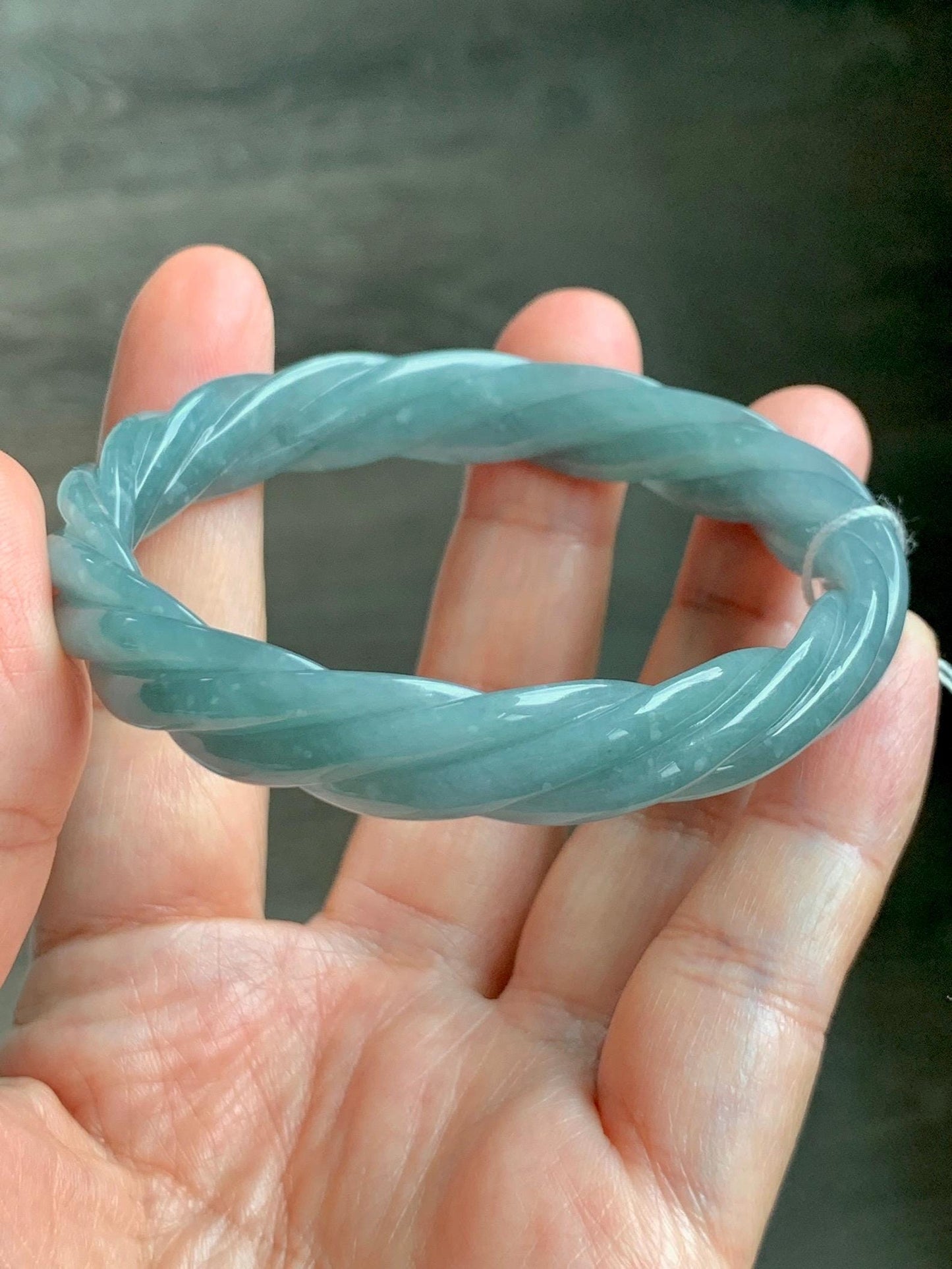 Certified Natural Grade A Guatemalan Icy Translucent Dusty Teal Blue Jade Jadeite Carved Braid Oval Bangle 50x55mm 28g 天然冰危暗蓝翡翠麻花贵妃手镯 082