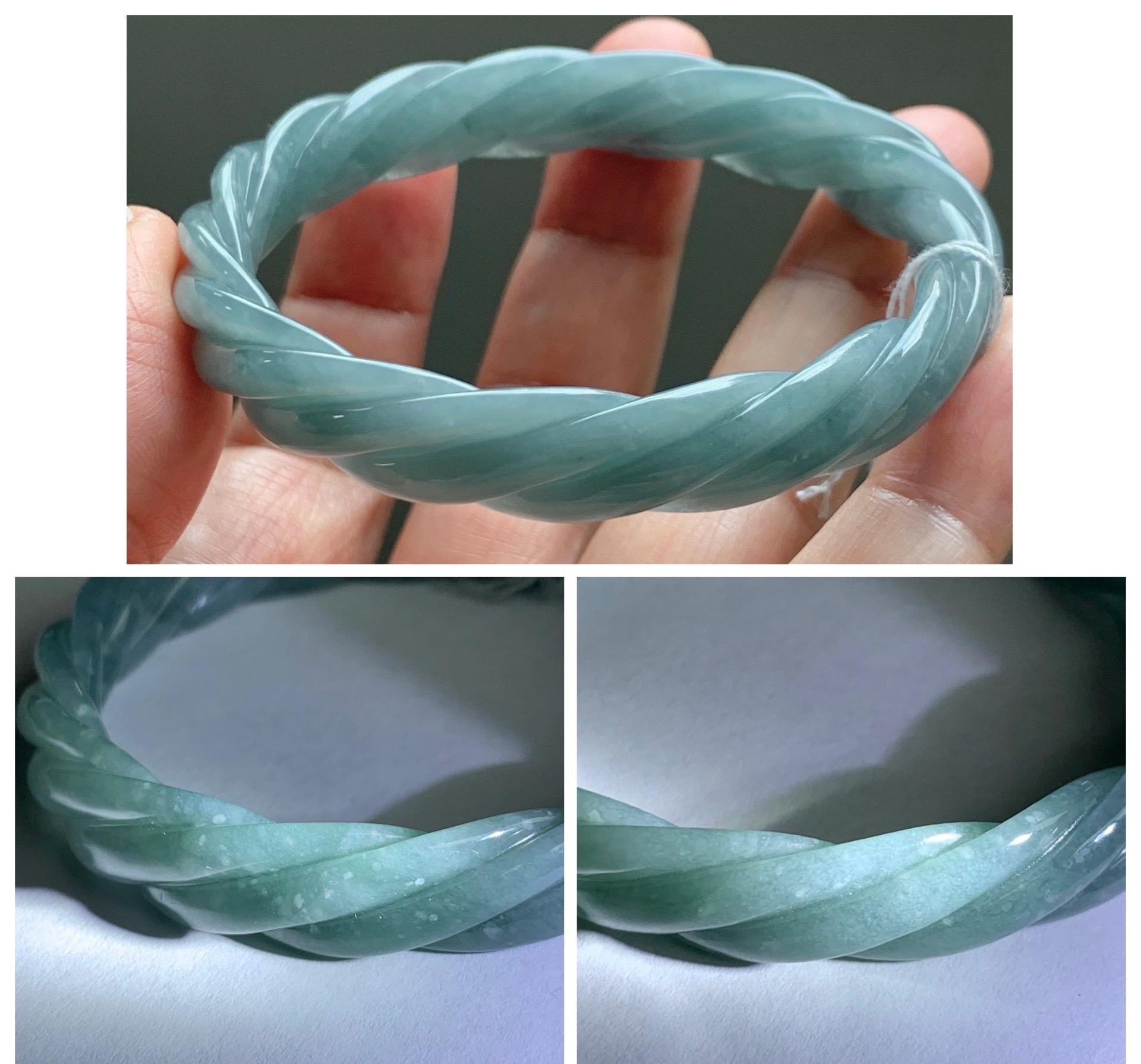 Certified Natural Grade A Guatemalan Icy Translucent Dusty Teal Blue Jade Jadeite Carved Braid Oval Bangle 50x55mm 28g 天然冰危暗蓝翡翠麻花贵妃手镯 082